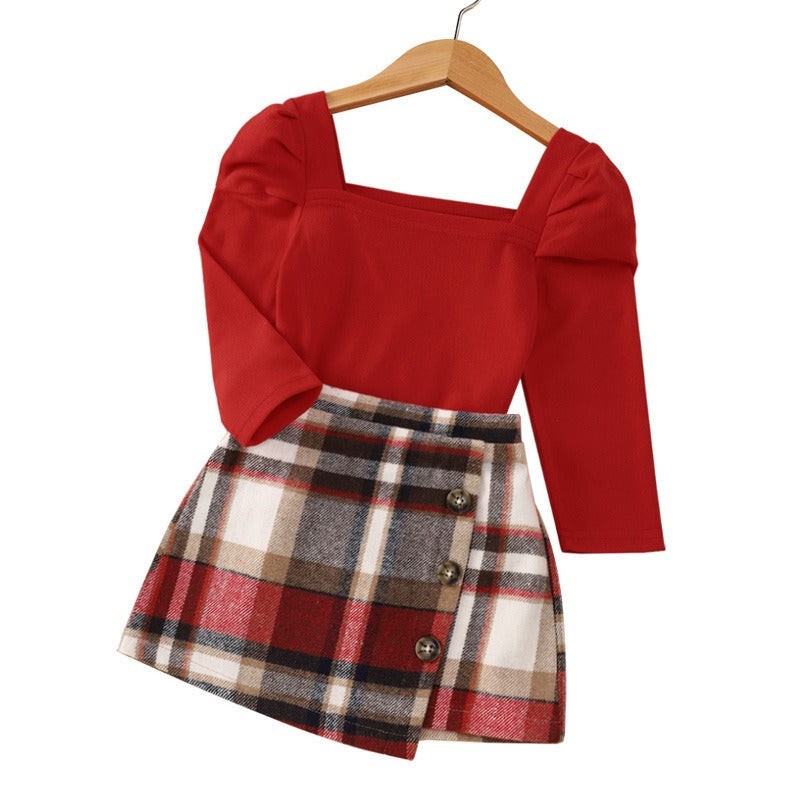 Red Long Sleeved Mid Autumn Children's Autumn Dress Tartan Suit - Korvel