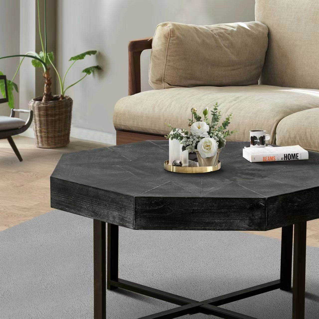 Wooden octagonal retro patchwork craft 30 inch wooden tabletop cross metal leg coffee table (Antique Black) - Korvel