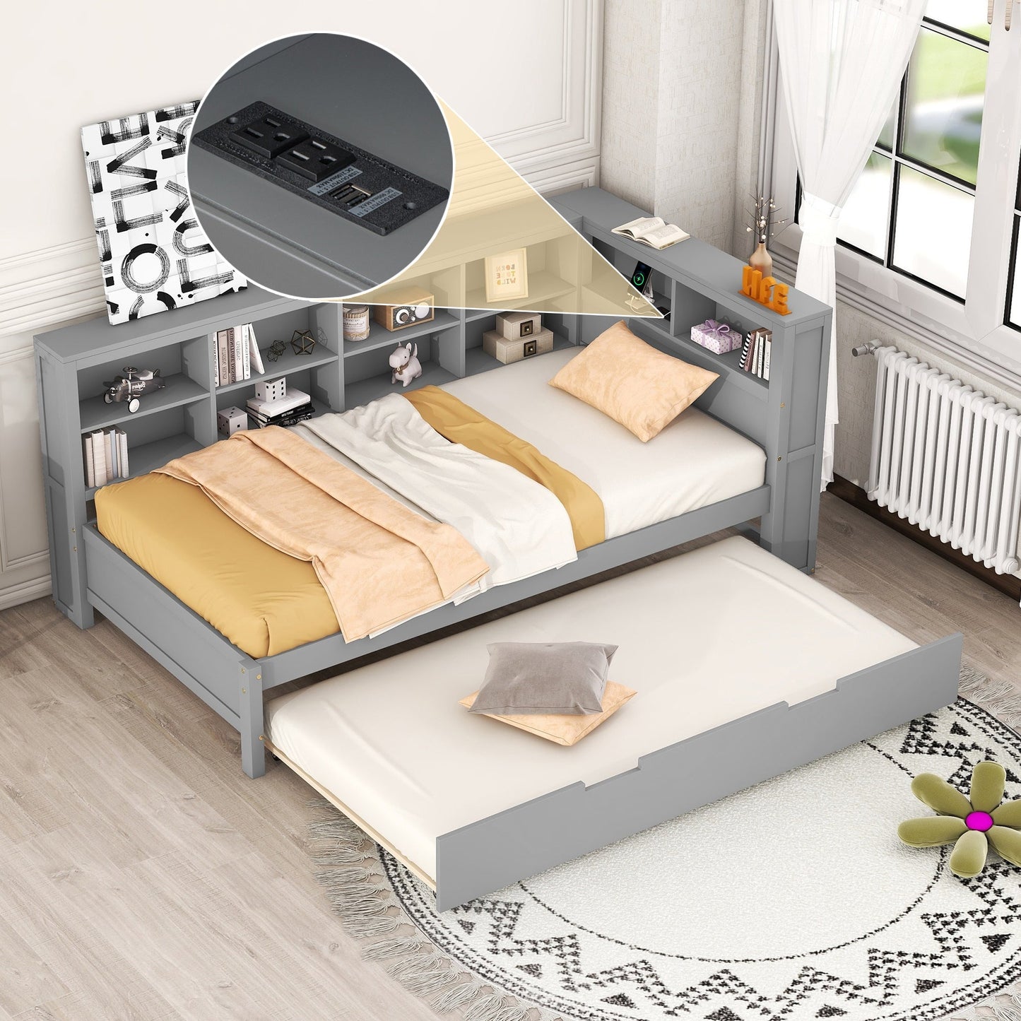 Wooden Twin Size DayBed with Twin Size Trundle, DayBed with Storage Shelf and USB Charging Ports,Grey - Korvel