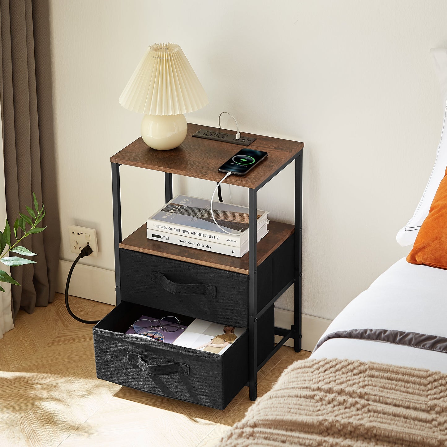 Tea table with charging station, bedside table with USB port, socket and cloth bag, 2 drawers - Korvel