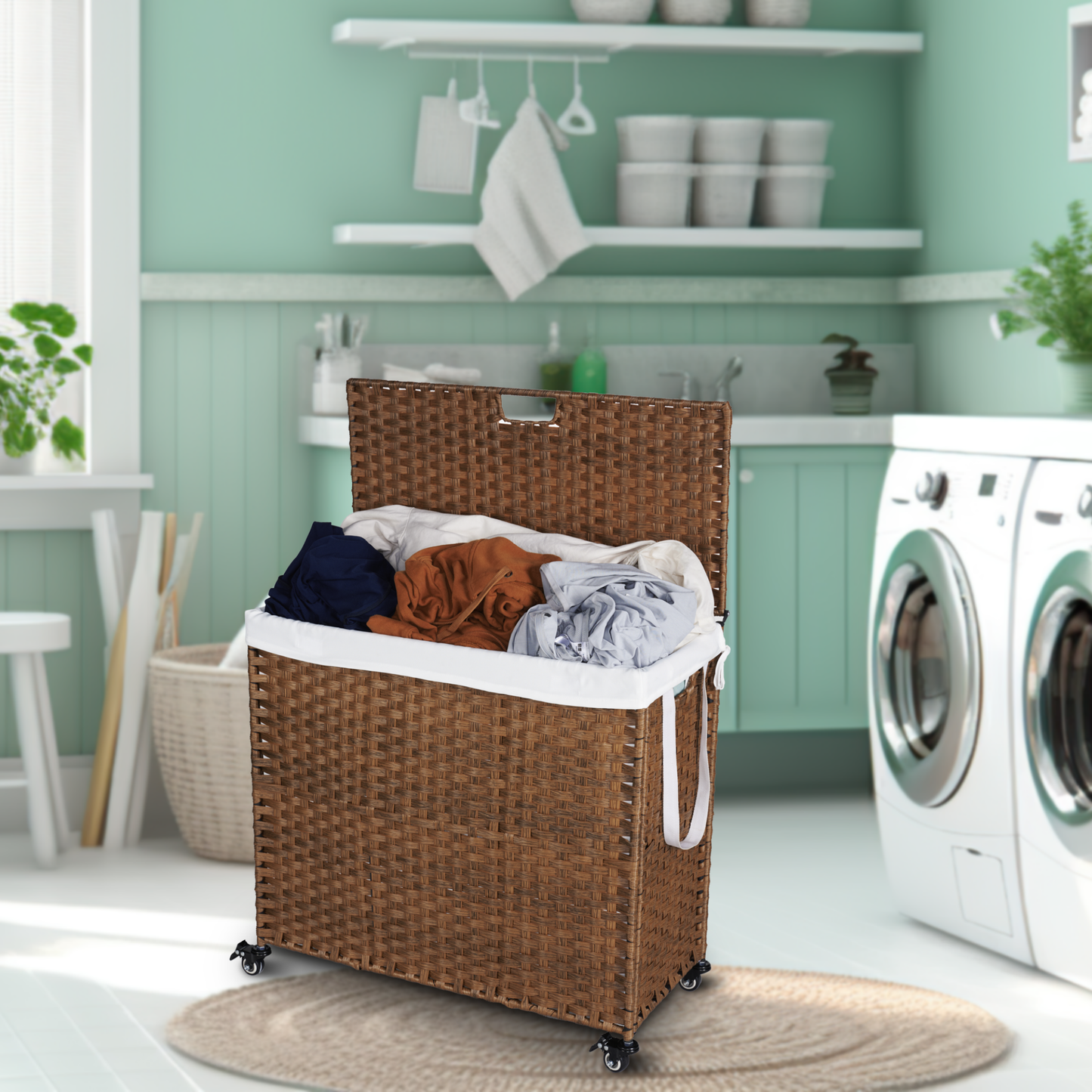 Laundry Hamper With Lid PE Rattan Powder Coating Frame Clothes Hampers with 02 Removable Bags, Wheels, 160L, Brown Color - Korvel