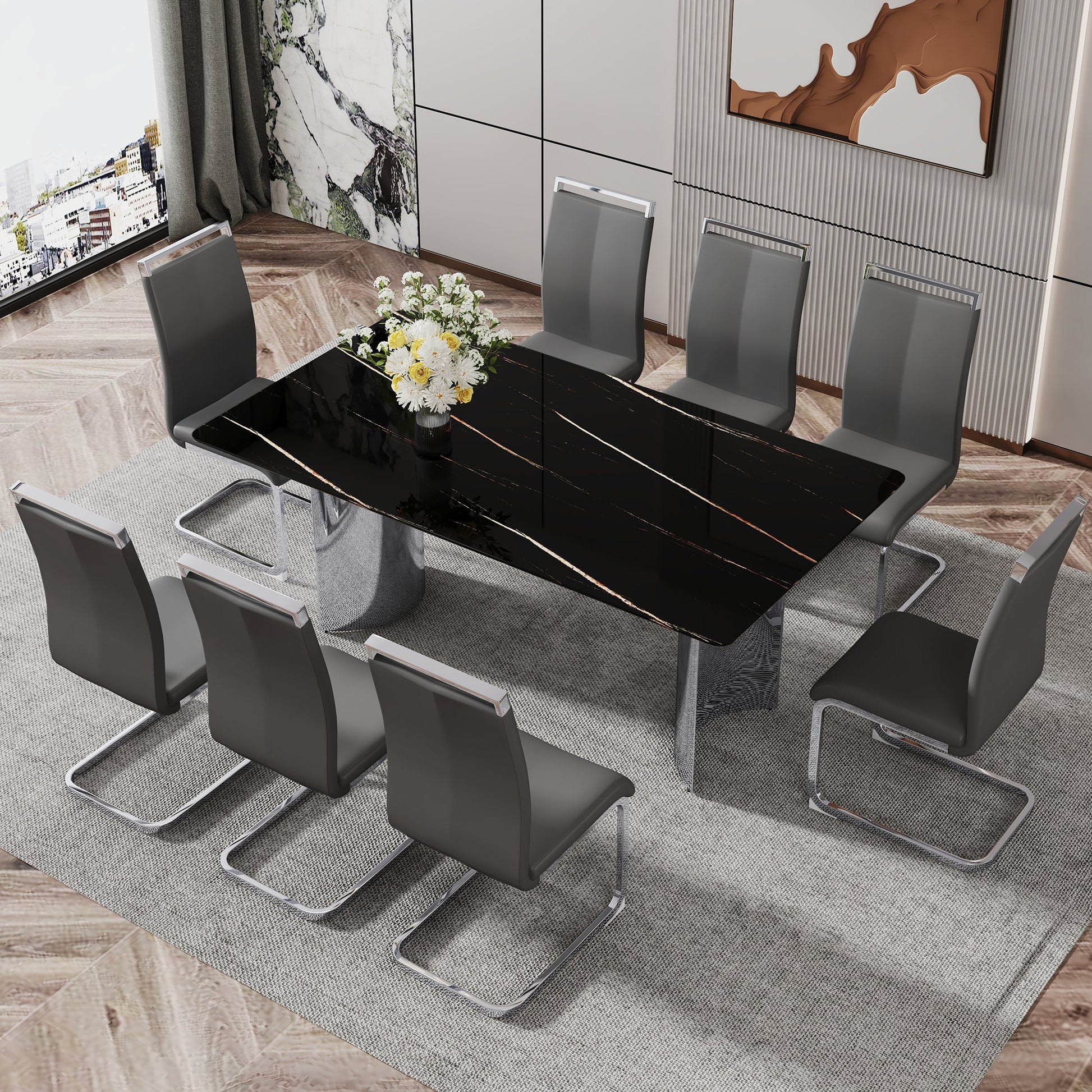 Modern minimalist dining table The black imitation marble glass desktop is equipped with silver metal legs - Korvel