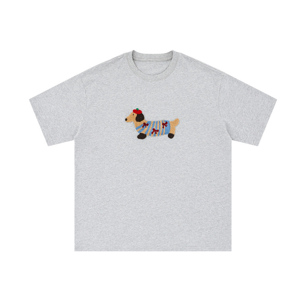 Camiseta de algodón de manga corta bordada de perro salchicha - T-Shirt unisex casual