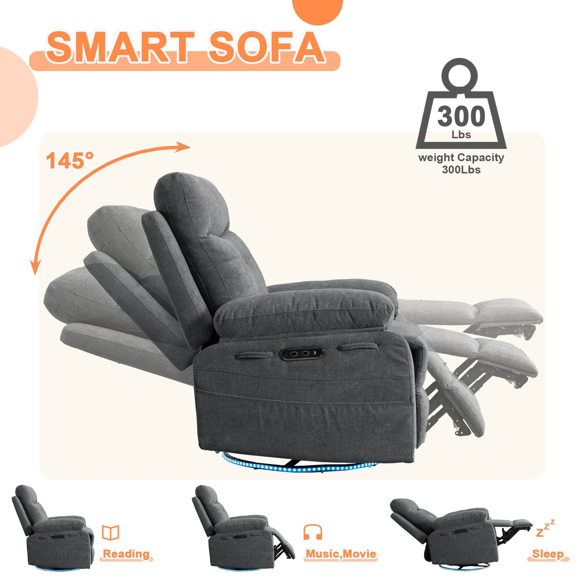 270 degree rotating electric lounge chair with Bluetooth speaker, LED light, telescopic foot pedal adjustable backrest DG - Korvel