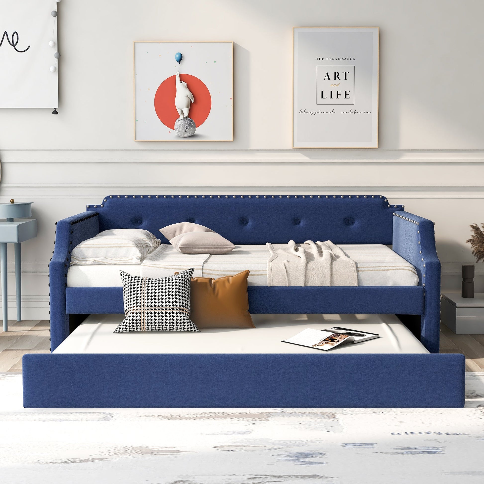Upholstered Daybed with Trundle, Wood Slat Support,Upholstered Frame Sofa Bed Twin Blue - Korvel