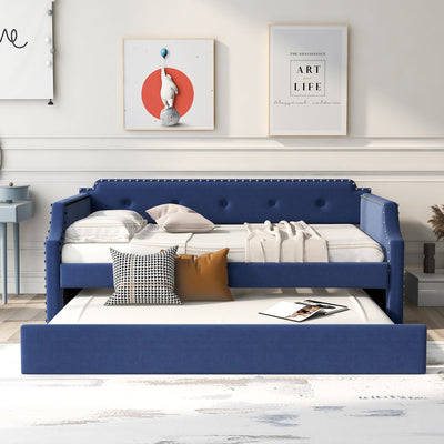 Upholstered Daybed with Trundle, Wood Slat Support,Upholstered Frame Sofa Bed Twin Blue - Korvel