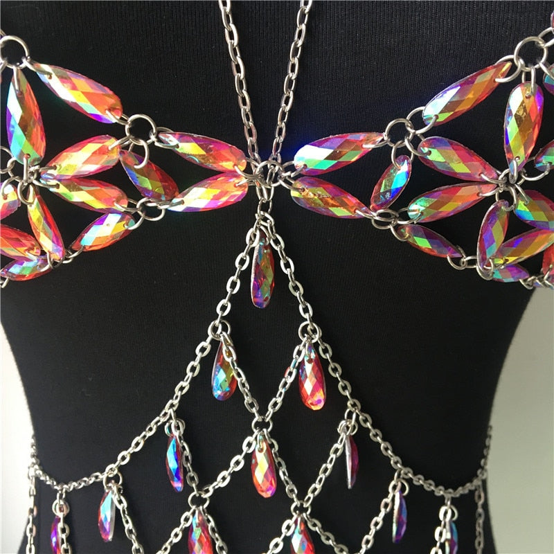 Queen Bling Metal Tassel Details Tank Tops Festival Rave Clothing Summer Sexy Backless Rave Body Chain Beach Tops - Korvel