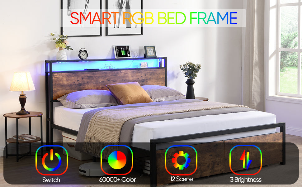 Full size bedstead with storage headboard and 2 drawers, LED light bed with charging station, metal Flat noodles support - Korvel