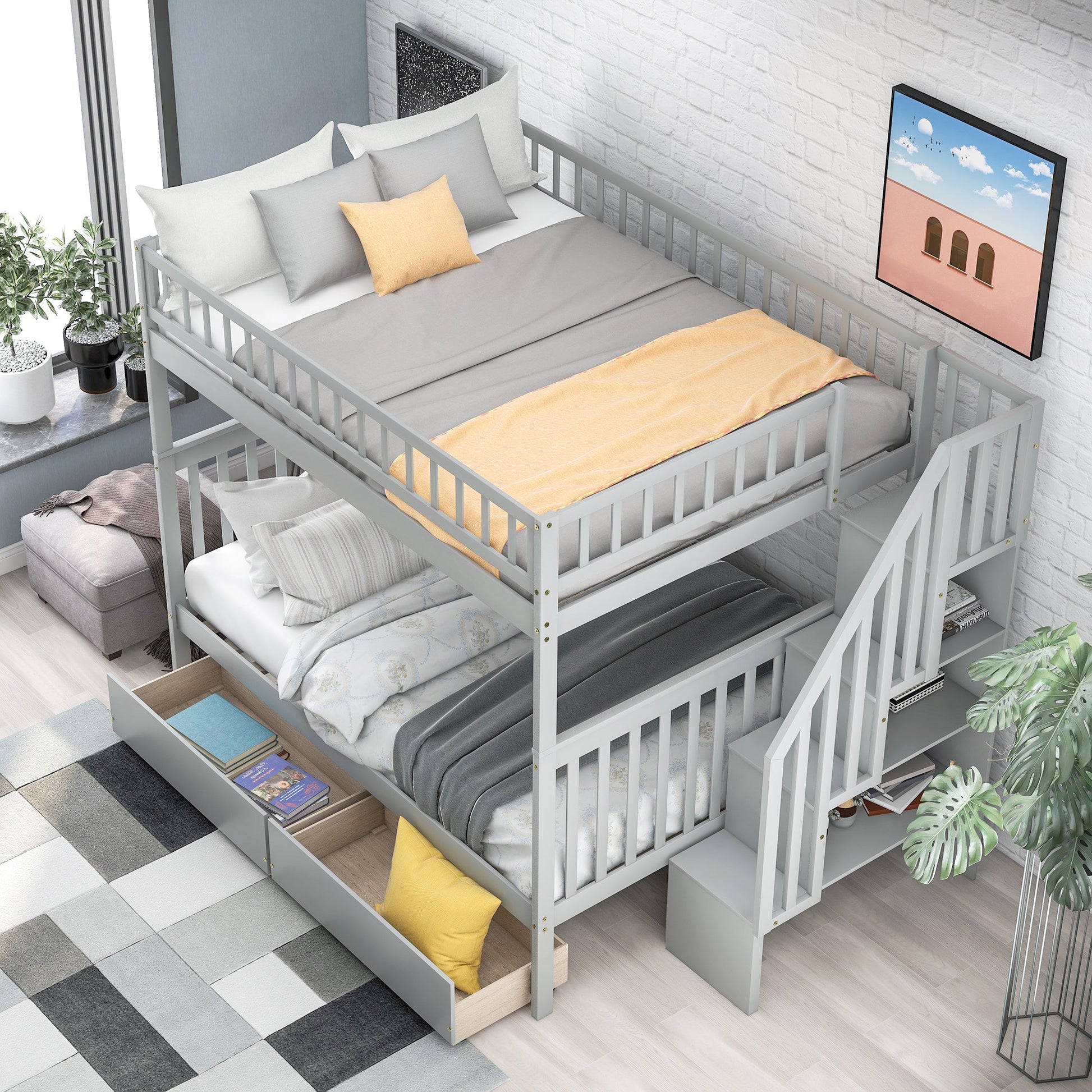 Full over Full Bunk Bed with Two Drawers and Storage, Gray - Korvel