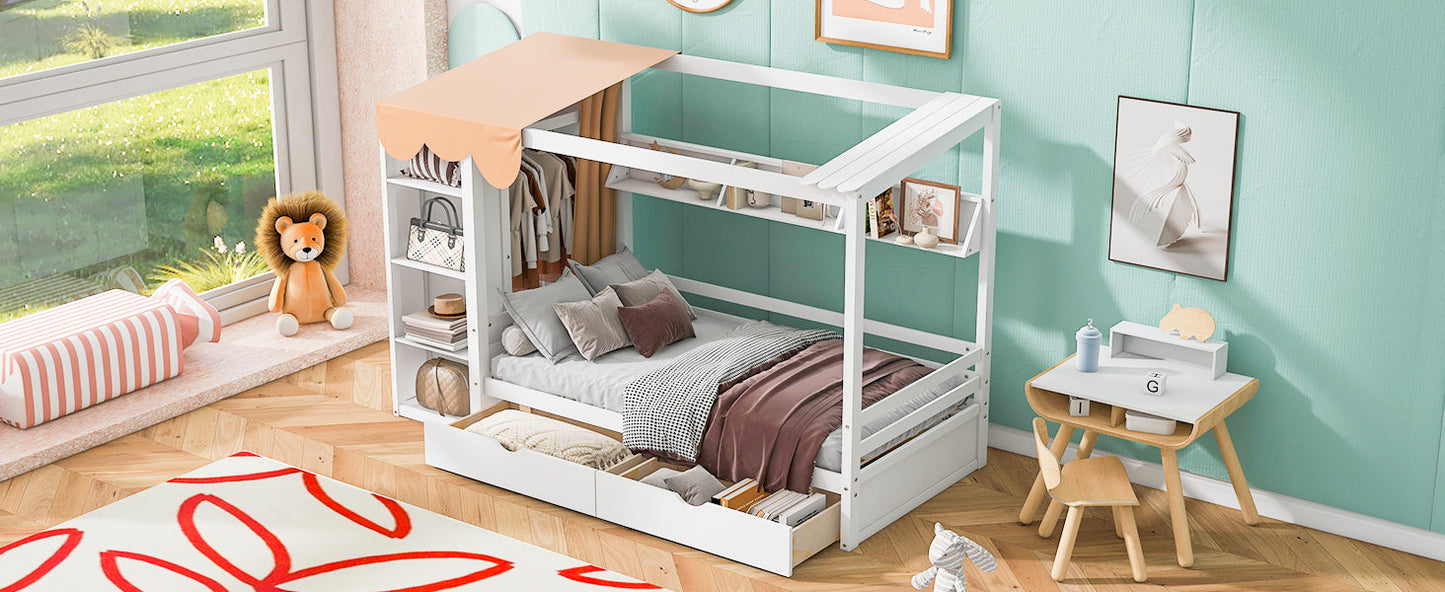 Twin Size House Bed with Two Drawers and Wardrobe - White