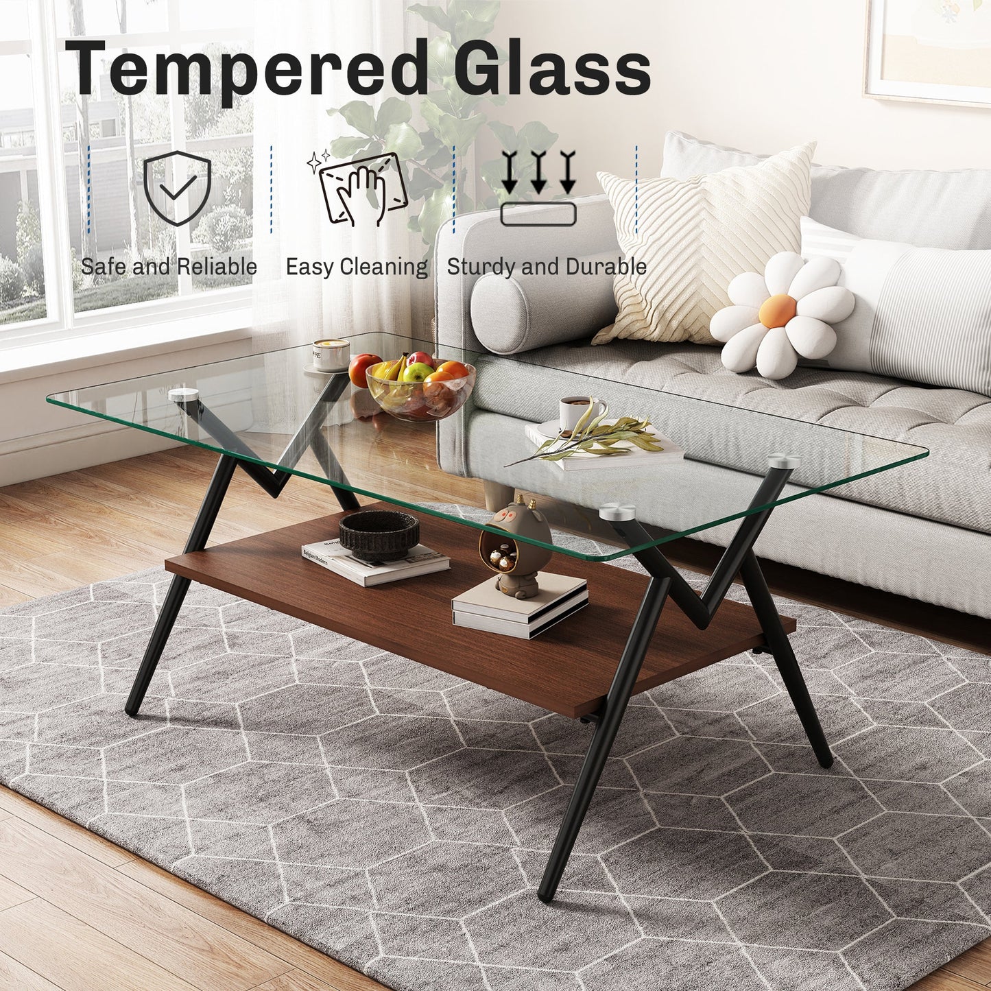 Rectangle Coffee Table with Tempered Glass top and Black Metal Legs, Modern Table for Living Room , Transparent Glass - Korvel