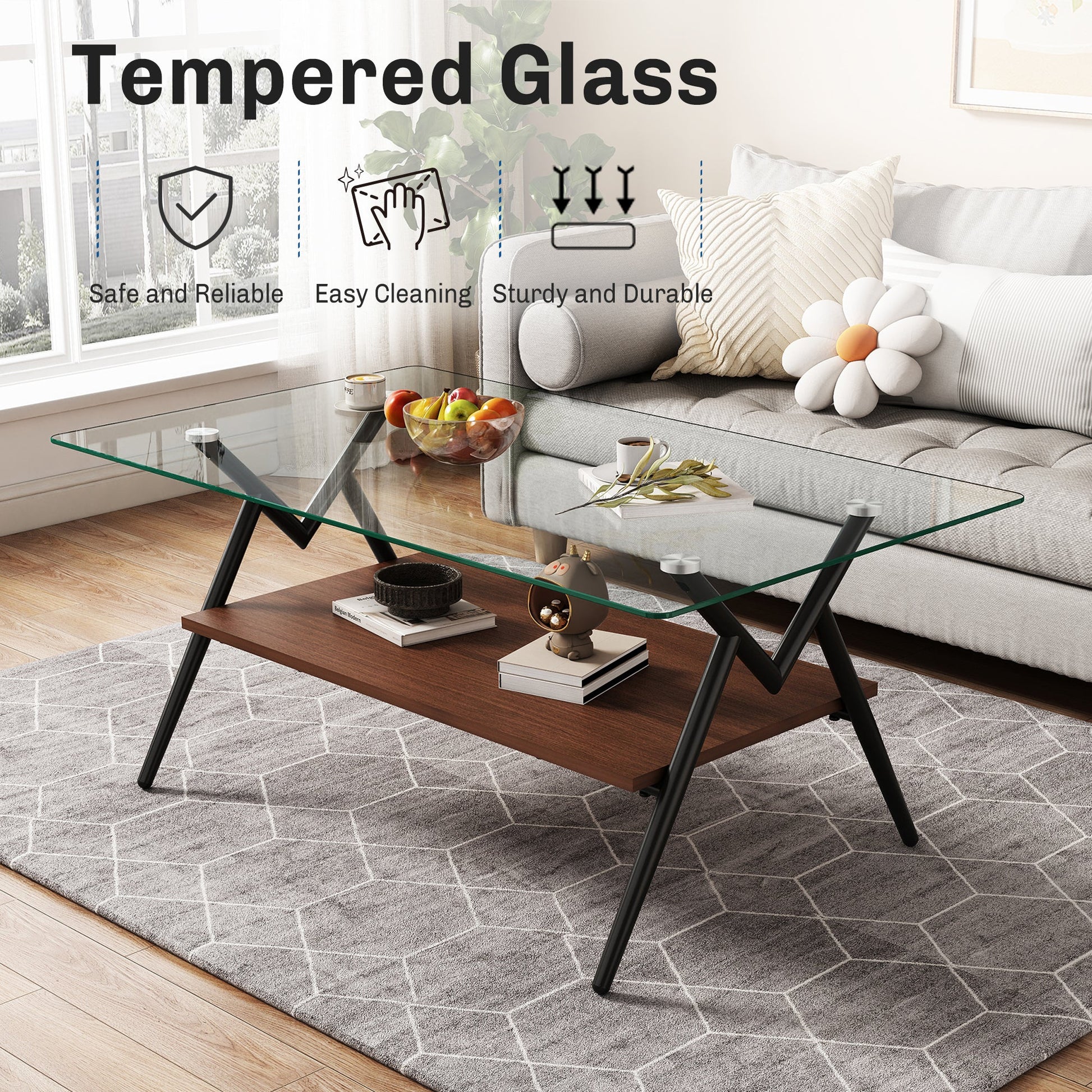 Rectangle Coffee Table with Tempered Glass top and Black Metal Legs, Modern Table for Living Room , Transparent Glass - Korvel