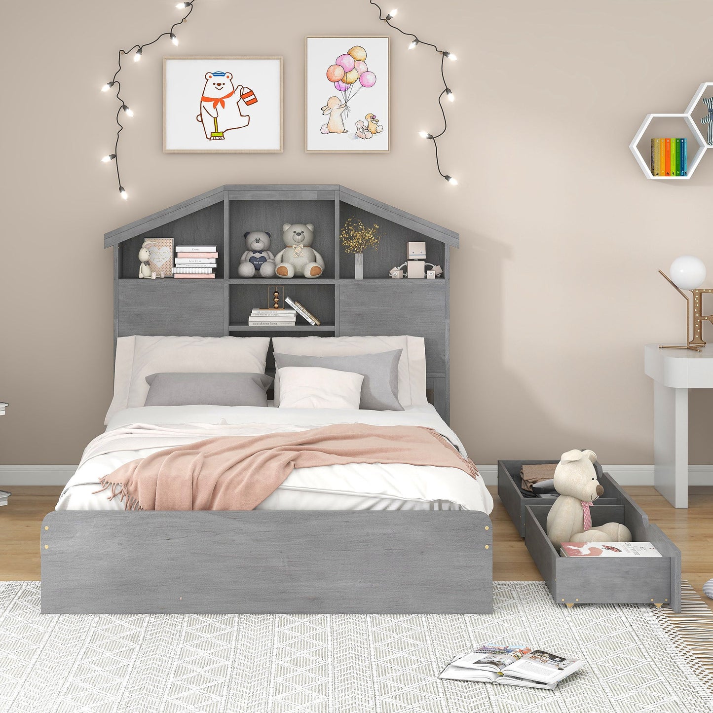Full Size Wood Platform Bed with Storage Headboard - Gray