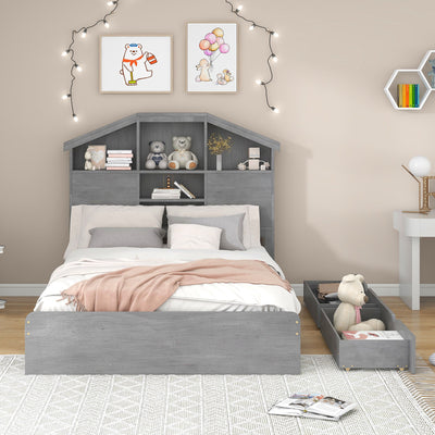 Full Size Wood Platform Bed with Storage Headboard - Gray