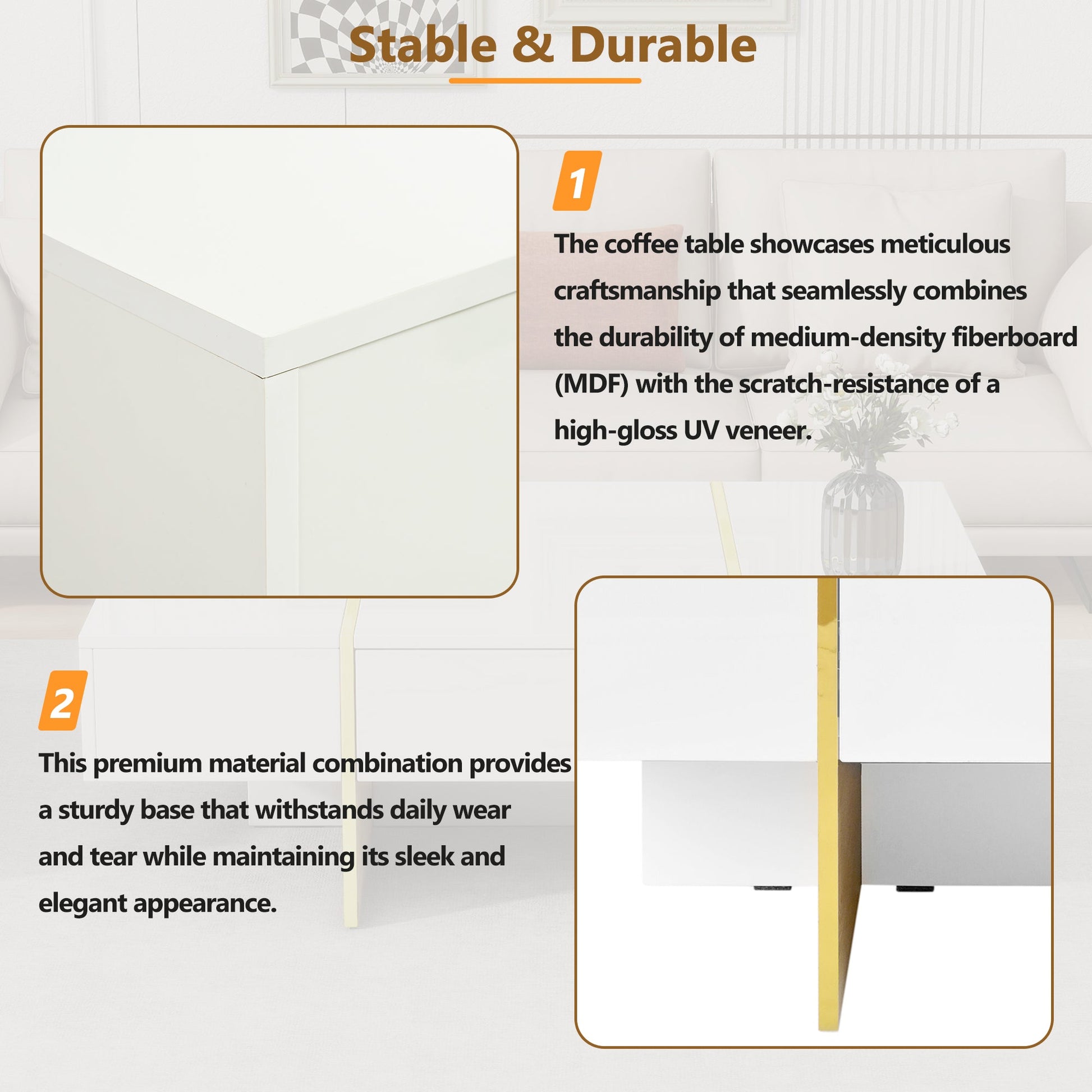 ON-TRANS 47.2 inch x 31.4 inch multifunctional rectangular sofa table with 2 drawers and gold wood grain leg center table, white - Korvel