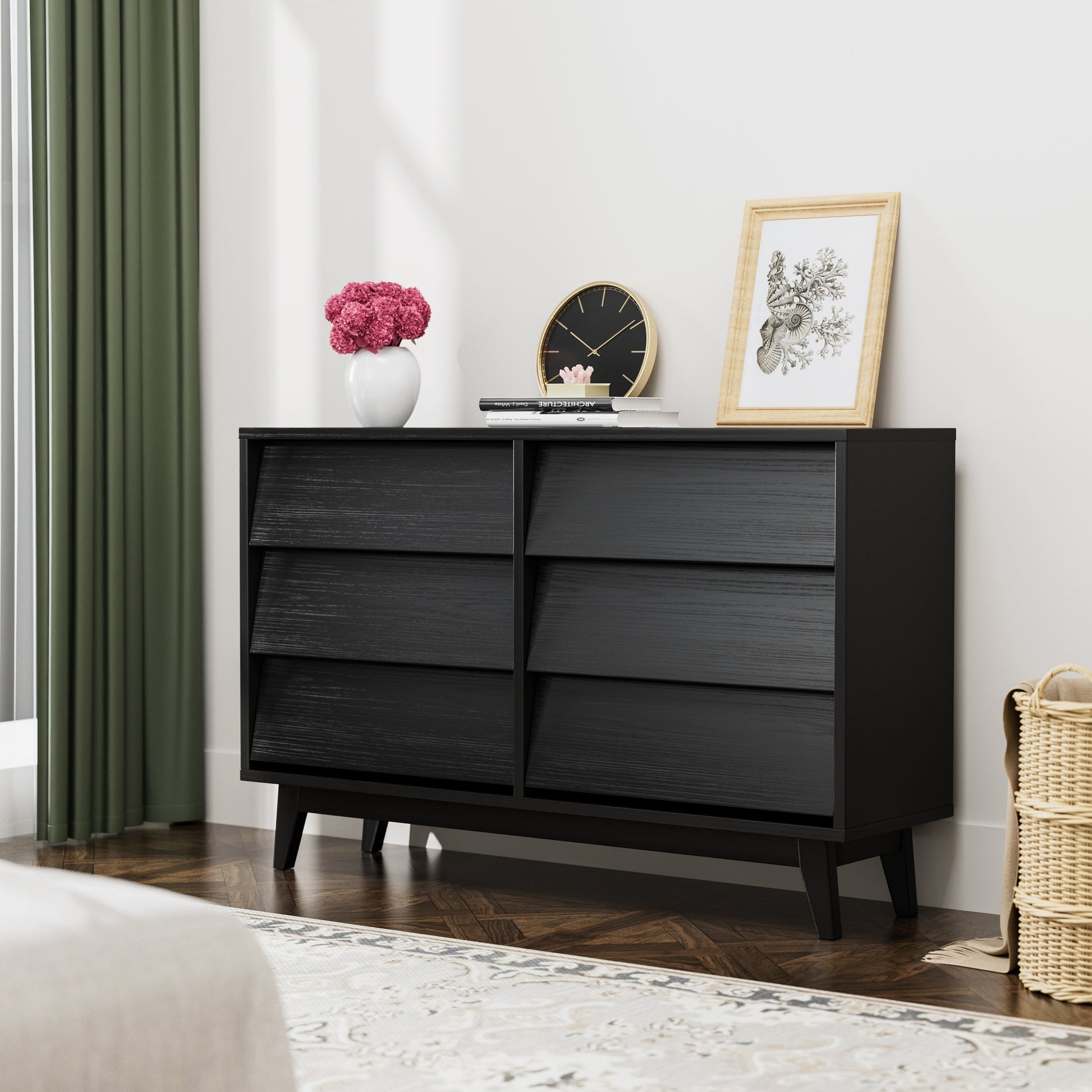 6 Drawer Double Dresser Features Vintage-style and Bevel Design - Korvel