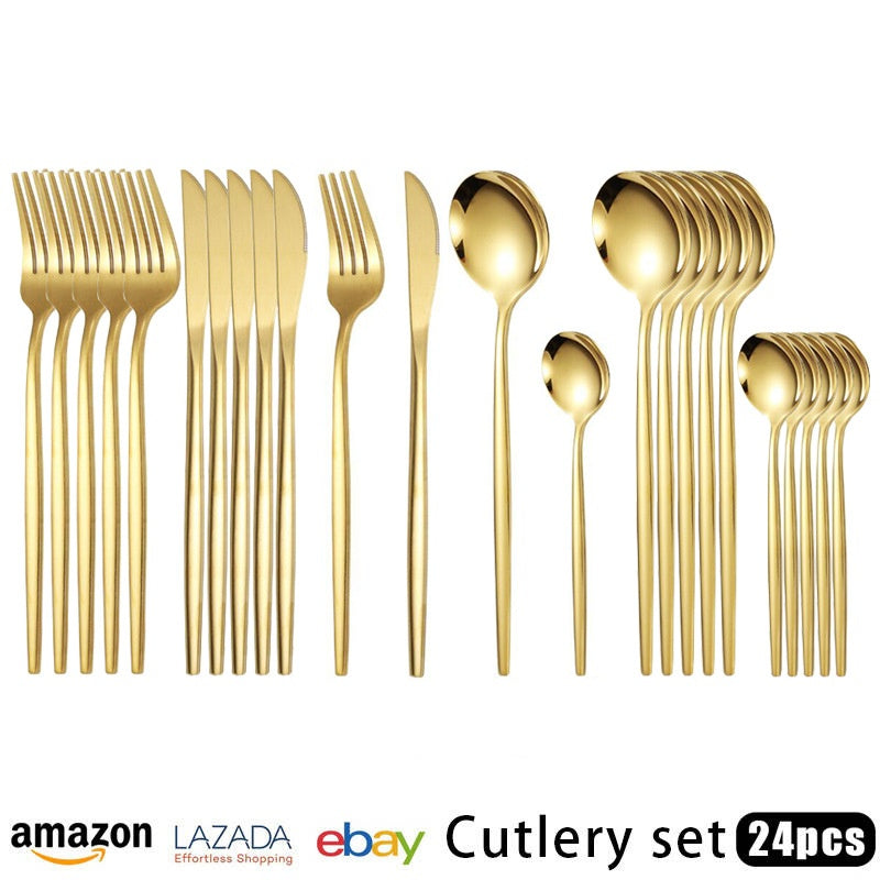 Cutlery Set Stainless Steel Knife Fork Set 24-Piece Tableware Set Golden Steak Knife Fork Spoon 6-Person Set - Korvel
