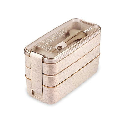 Wheat straw lunch box office portable three-layer lunch box square sealed bento box divided student lunch box - Korvel