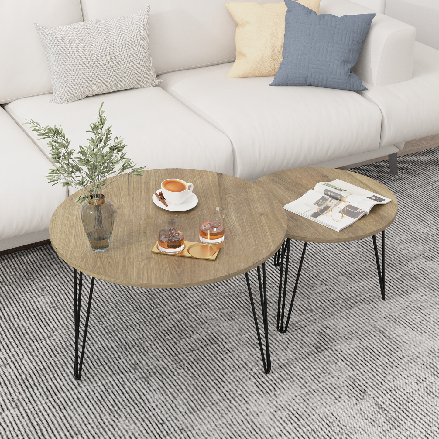 27.56'' Round Nesting Coffee Table Set of 2, Circular Nesting End Table Set  Sturdy Metal Base for Living Room, bedroom, Brown - Korvel
