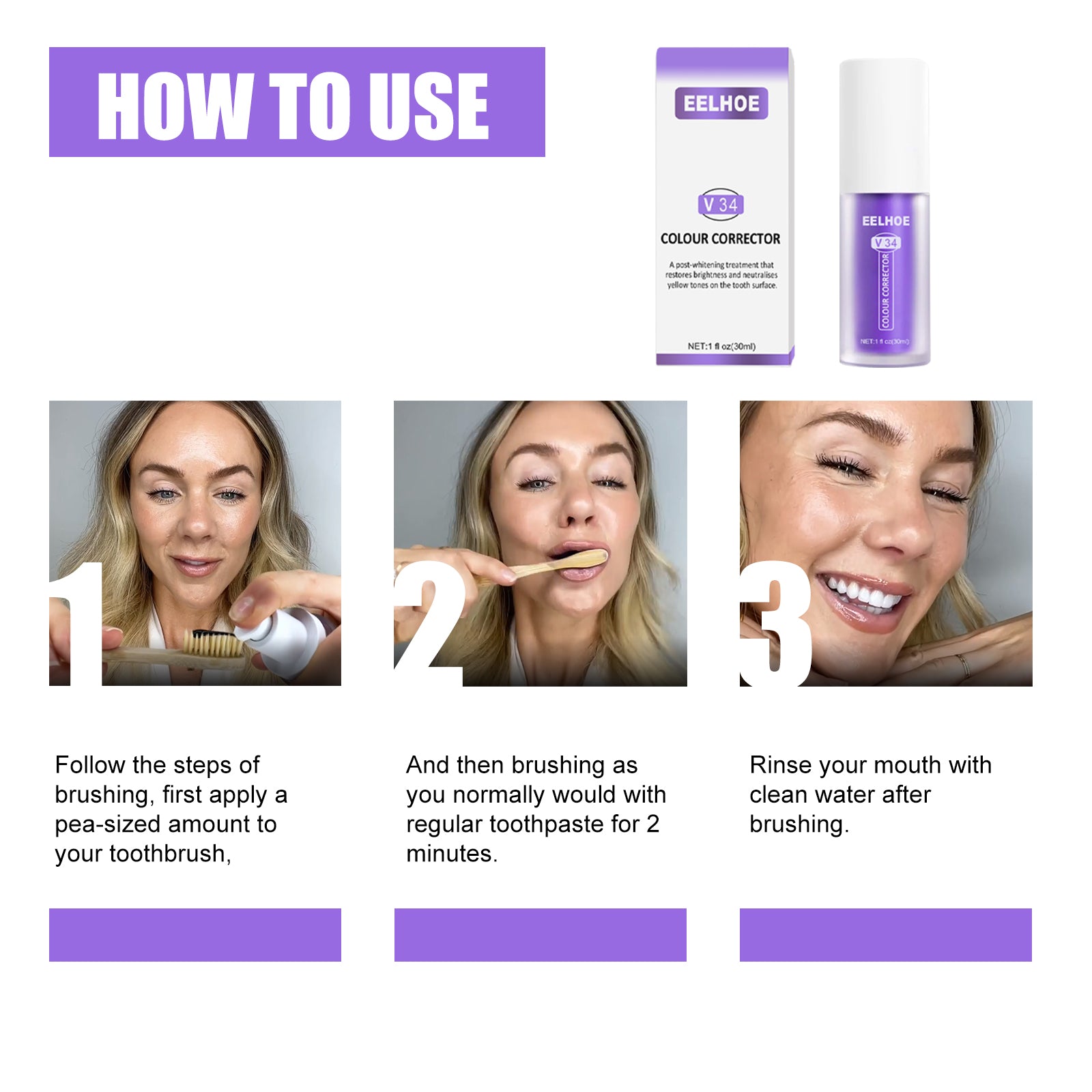 V34 Colour Corrector, Mouth Shine White Clean Stains Shine White Teeth Purple Toothpaste - Korvel