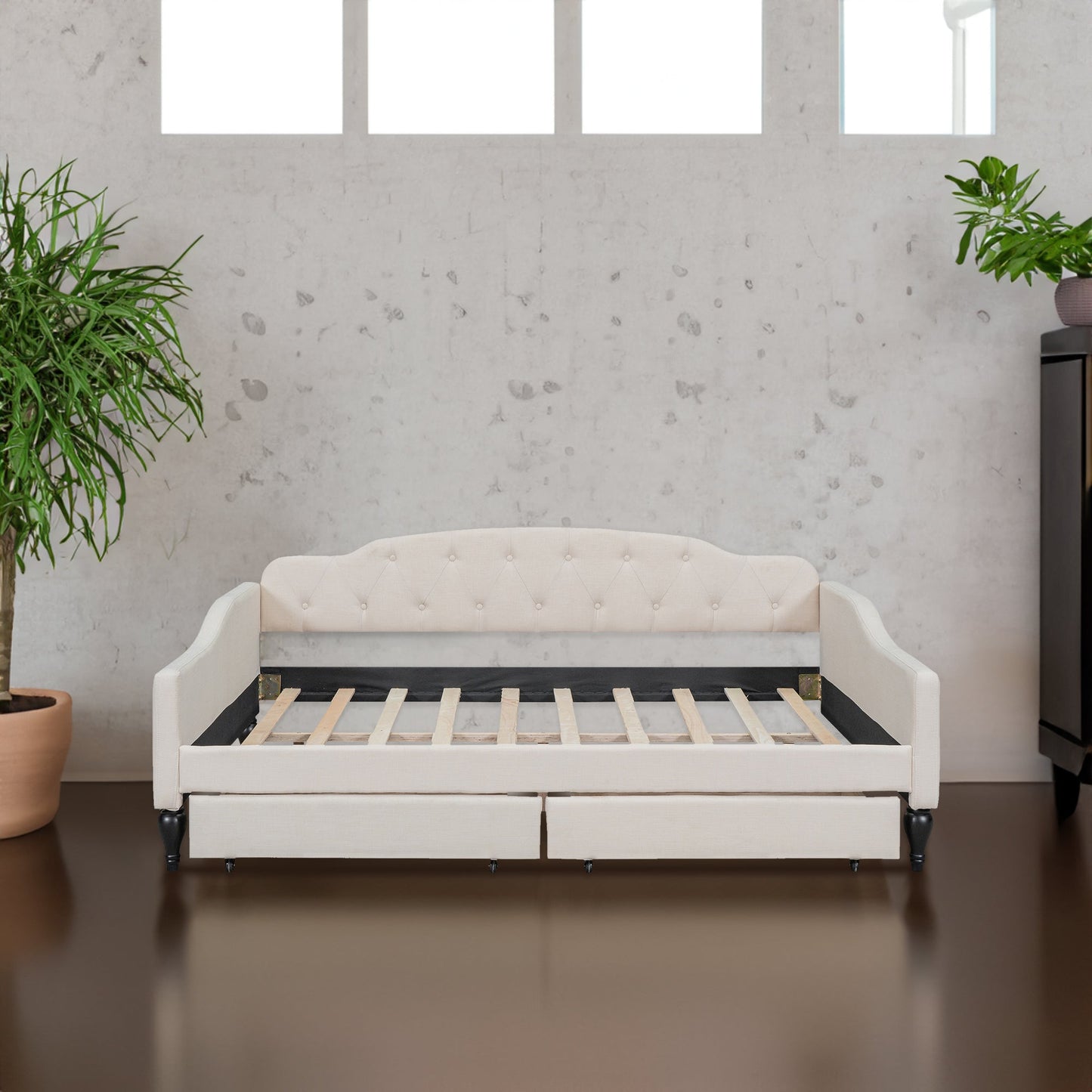 Full Size Upholstered Tufted Daybed with Two Drawers, Beige - Korvel