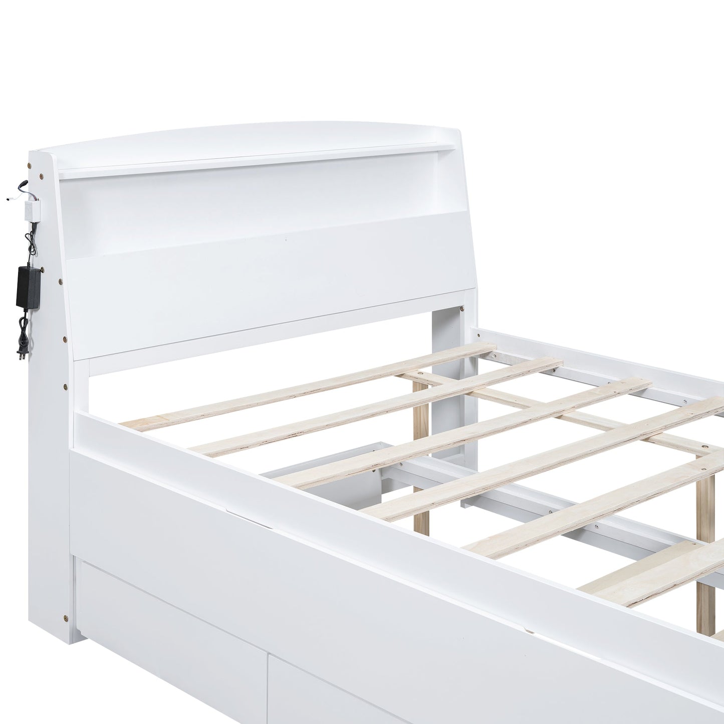 Full Size Platform Bed with Storage LED Headboard  Twin Size Trundle and 3 Drawers White - Korvel
