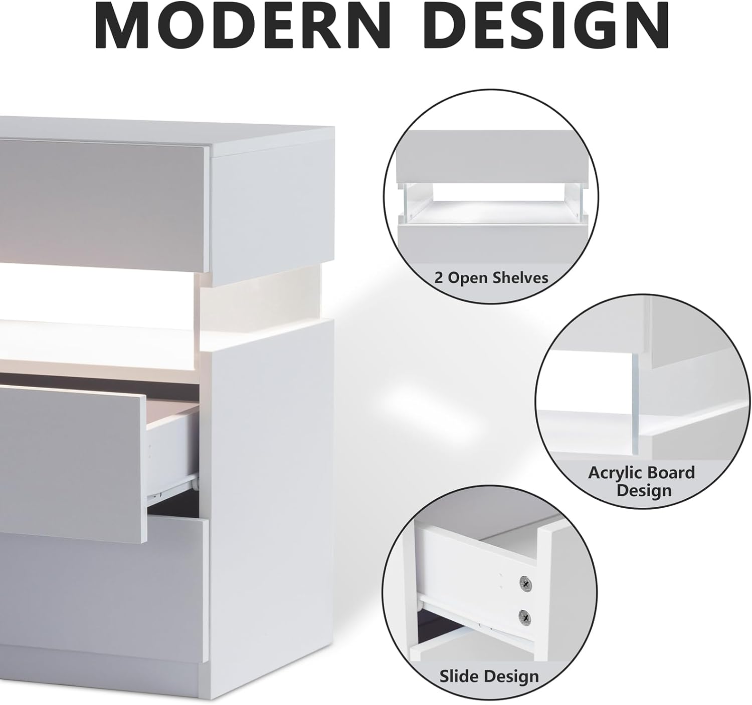 LED bedside table, bedroom, three drawers, dressing table, acrylic board, bedside furniture (white) - Korvel