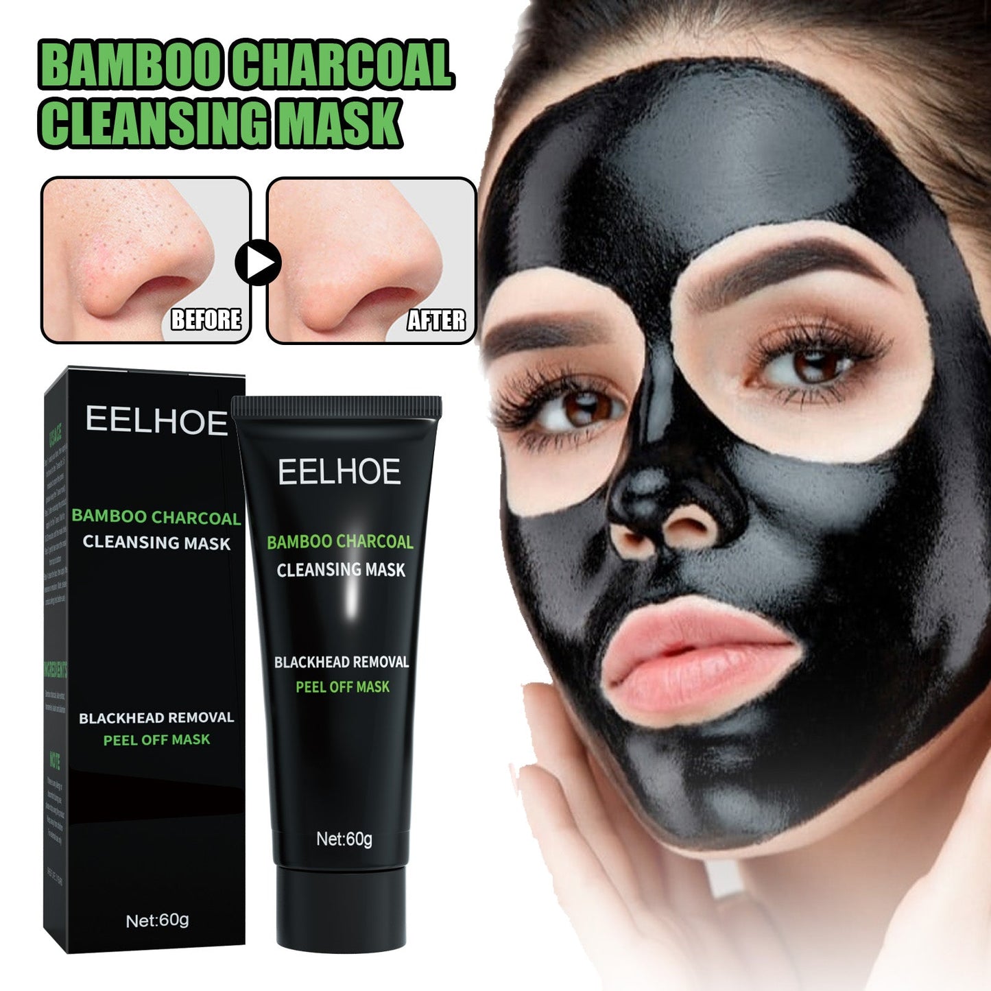 Bamboo Charcoal Blackhead Removal Mask, Deep Cleanse Pores And Acne T-Zone Oil Control With A Peel Mask - Korvel