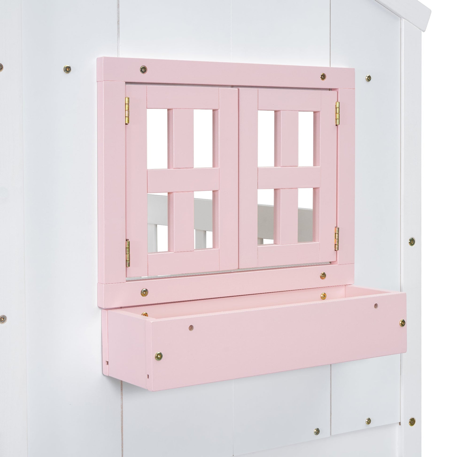 Twin over Twin House Bunk Bed with Roof , Window, Window Box, Door , with Safety Guardrails and Ladder, Pink/White - Korvel