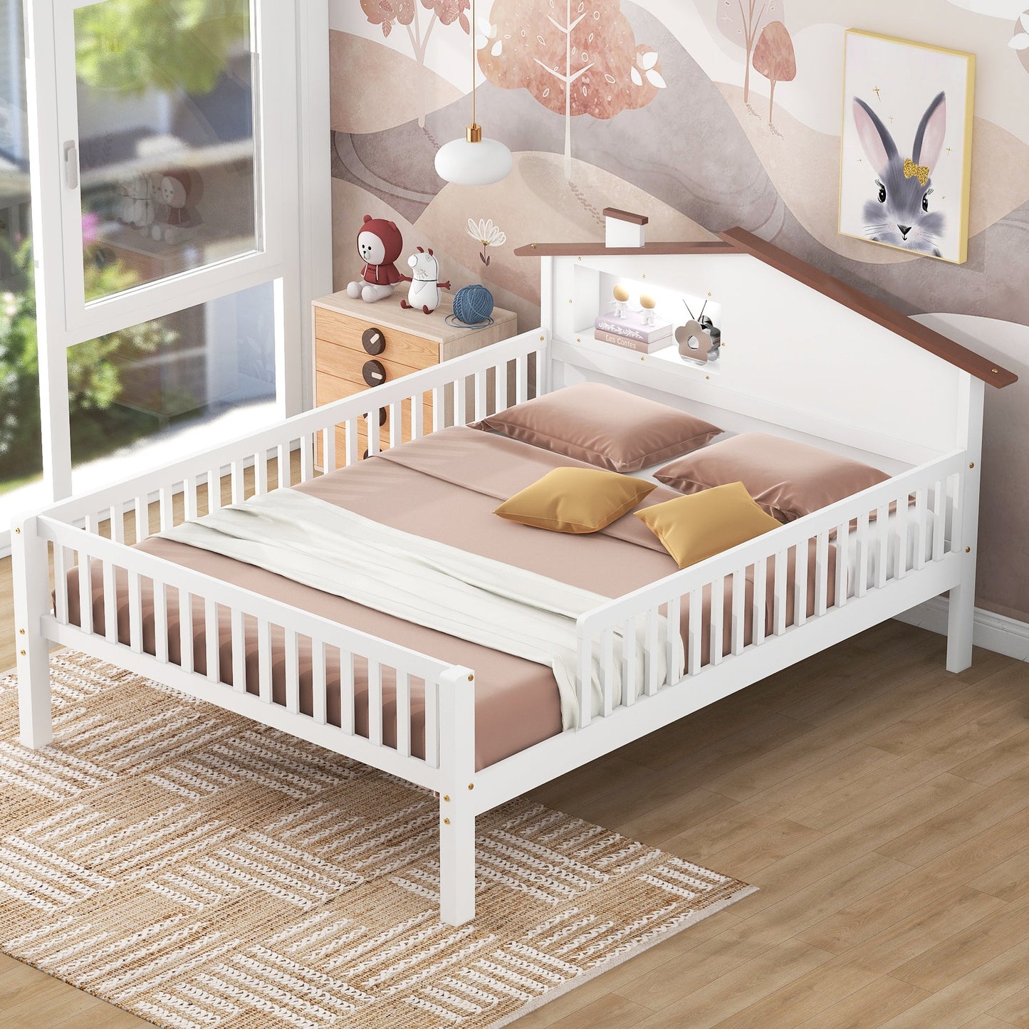 Full Size Wood Platform Bed with House-shaped Headboard, LED and Built-in Storage, White - Korvel