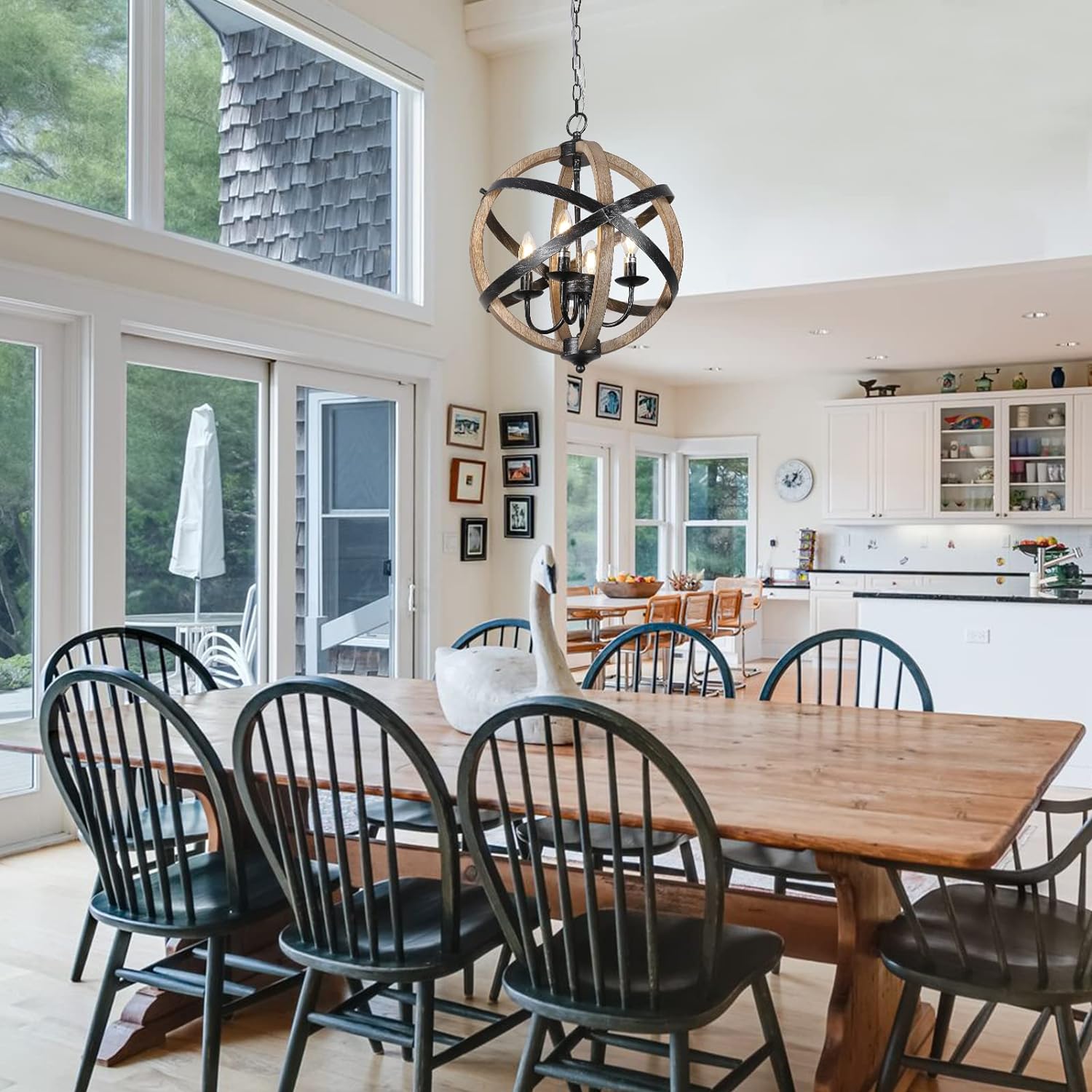 Farmhouse Chandelier Light Fixtures 4-Light Dining Room Light Fixtures Height Adjustable Rustic Wood Light - Korvel