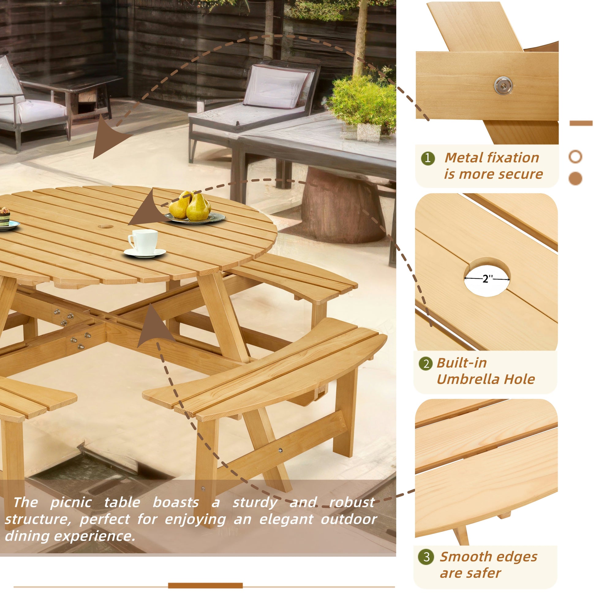 Outdoor picnic table for 8 people, circular picnic table for 8 people, with 4 embedded bench tables and bench sets - Korvel