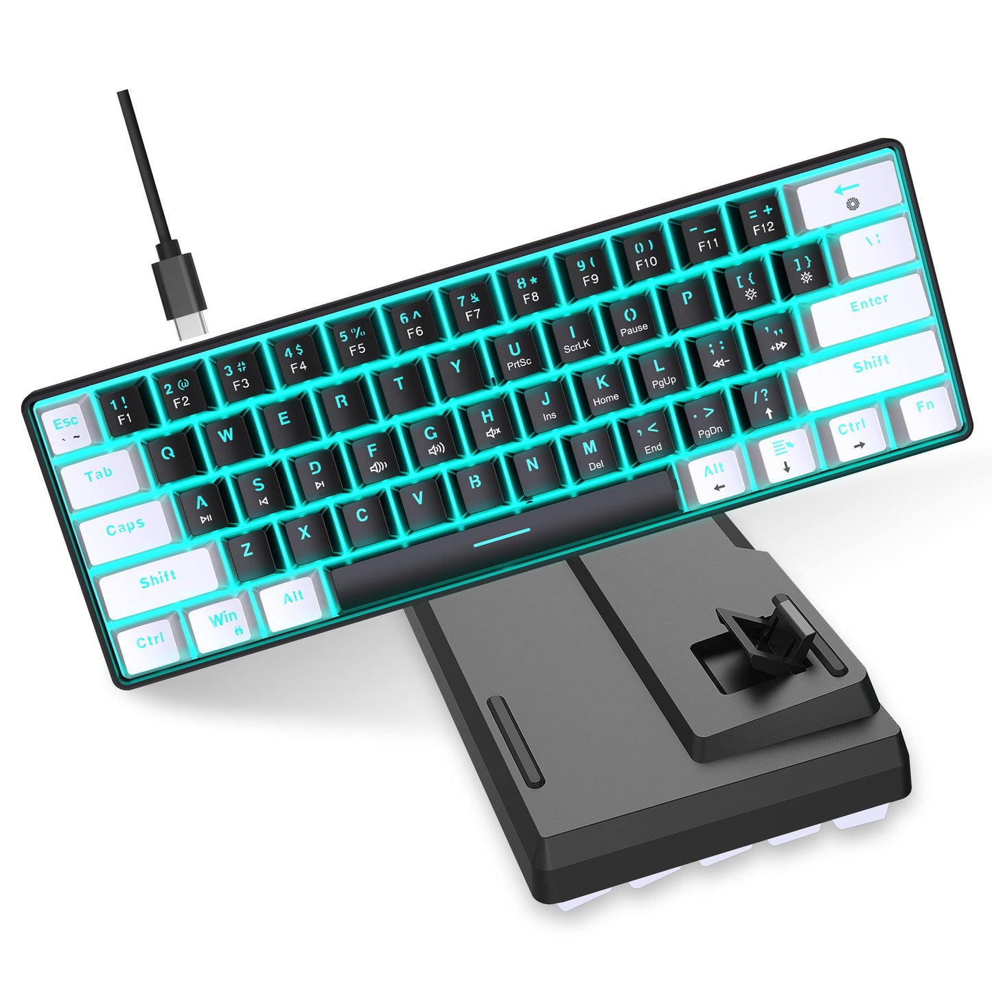 Mechanical keyboard 61 key short style small keyboard for office typing, black and white dual splicing ice blue backlit blue axis gaming keyboard - Korvel