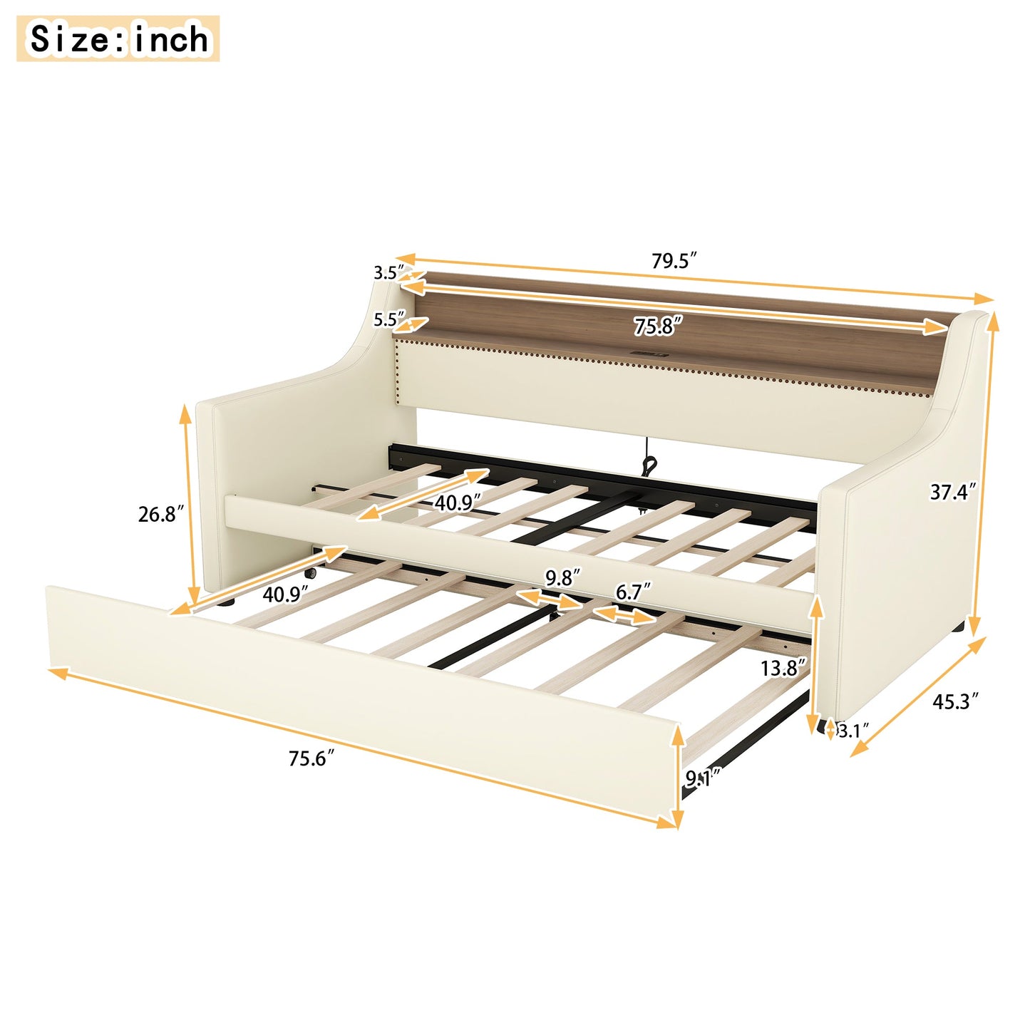 Twin Size Daybed with Trundle, Upholstered Daybed with Charging Station and LED Lights, White - Korvel