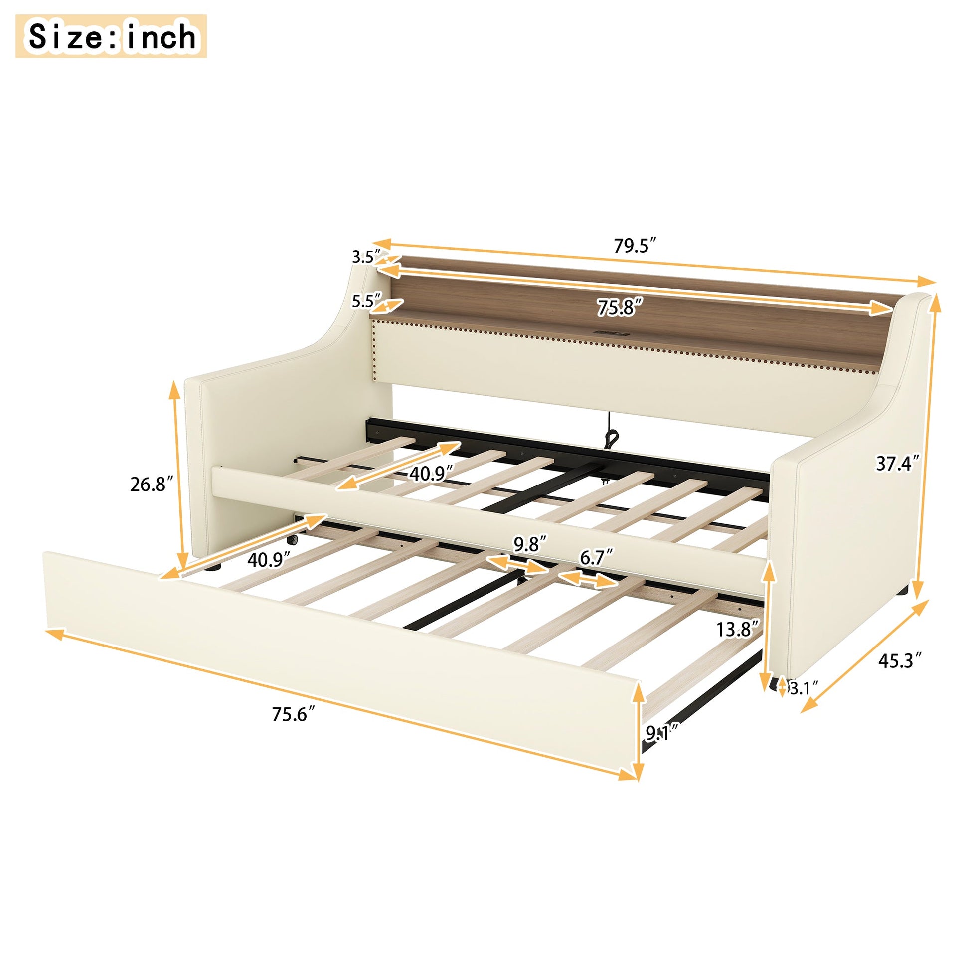 Twin Size Daybed with Trundle, Upholstered Daybed with Charging Station and LED Lights, White - Korvel
