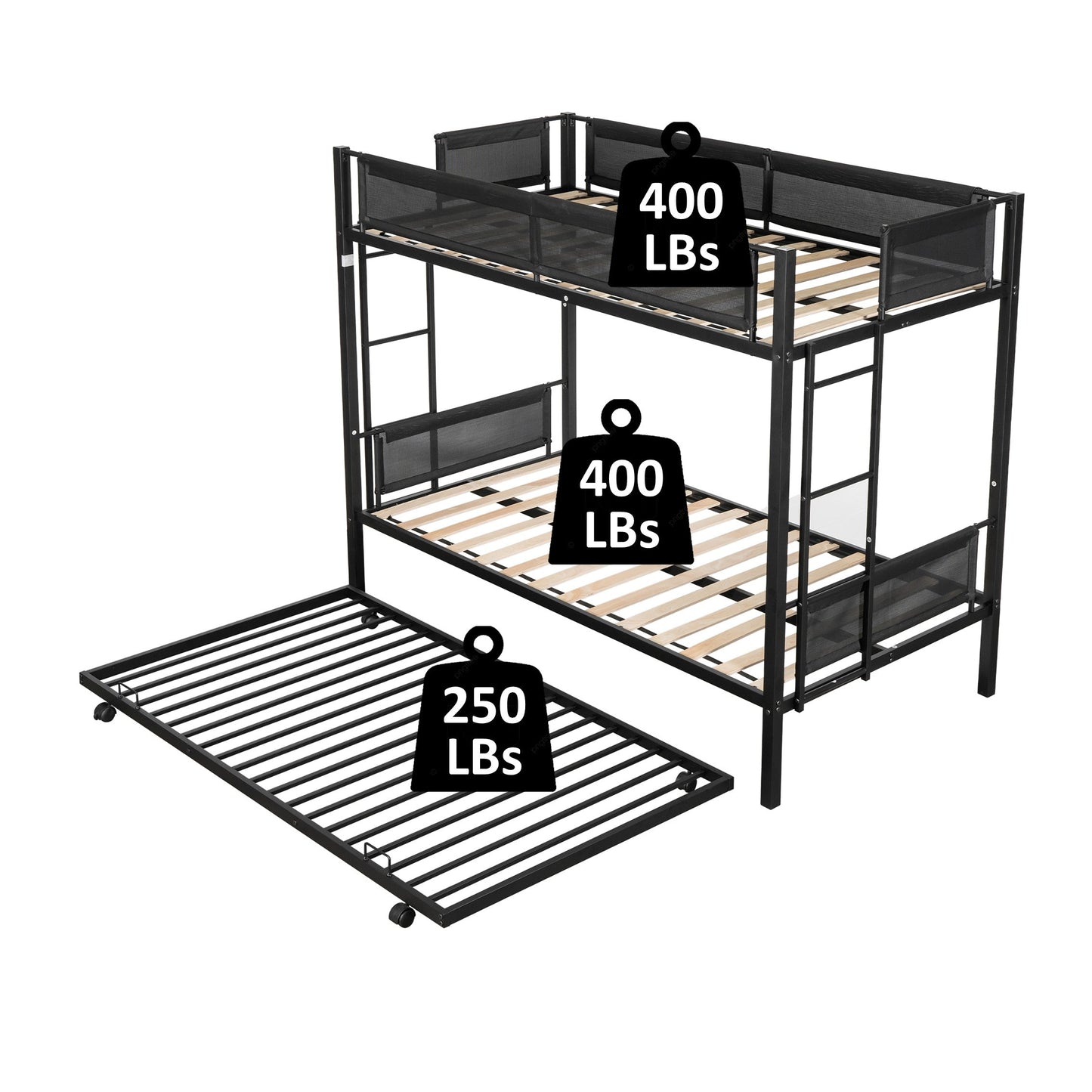 Metal double bed with casters/sturdy frame/no noise/comfortable guardrail/2 side ladders/no need for spring box - Korvel