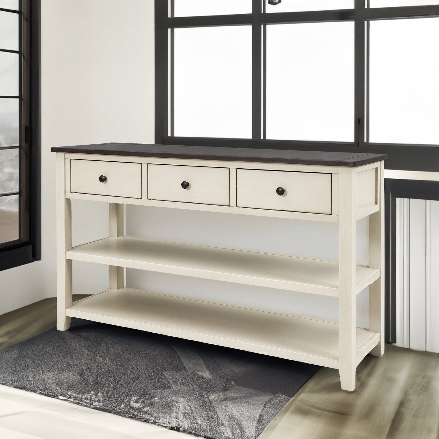 Table Console Rétro avec Étagères Ouvertes - Espresso et Beige
