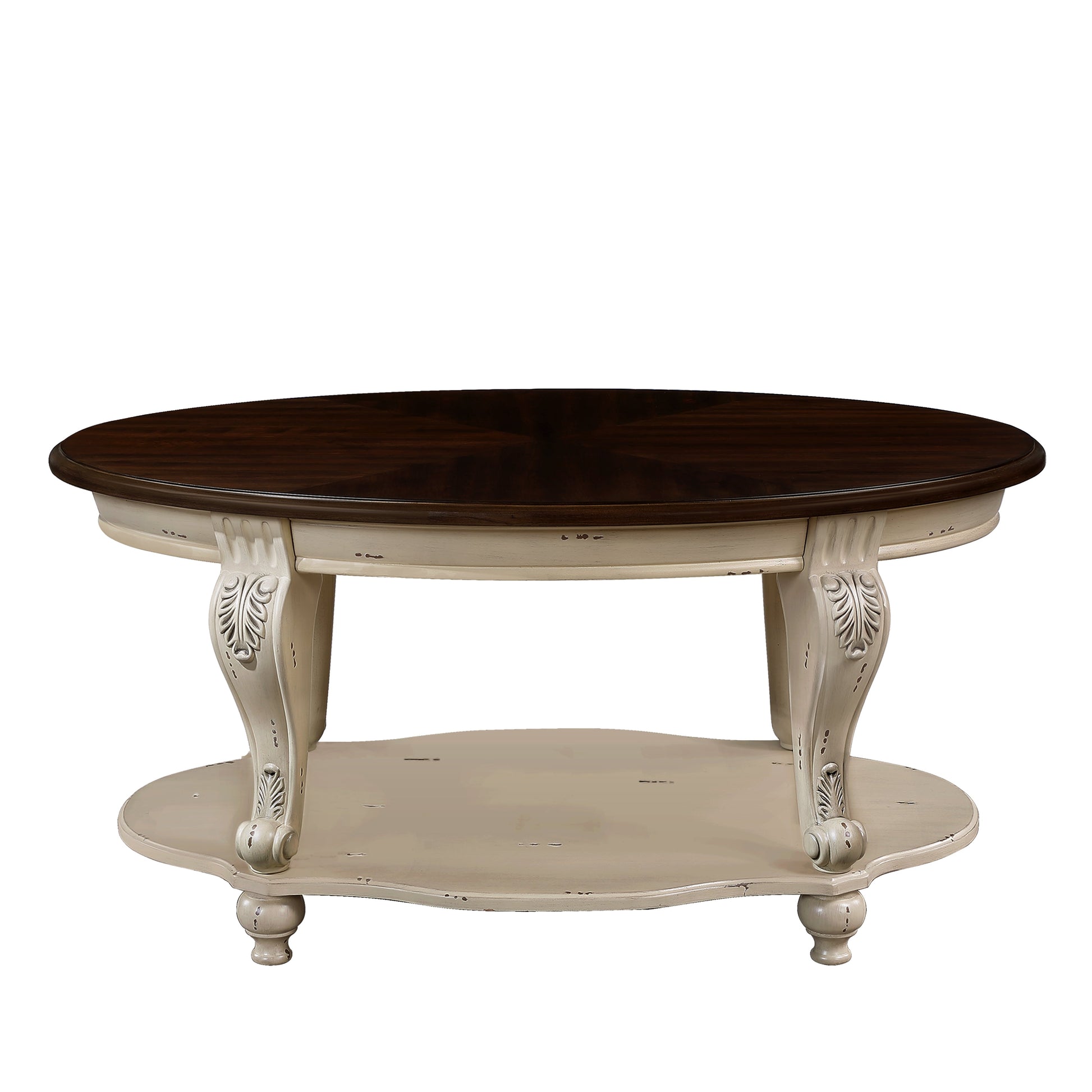 42 inch oval wooden coffee table, 2-story solid wood cocktail table with open storage rack, antique white and cherry tabletop - Korvel