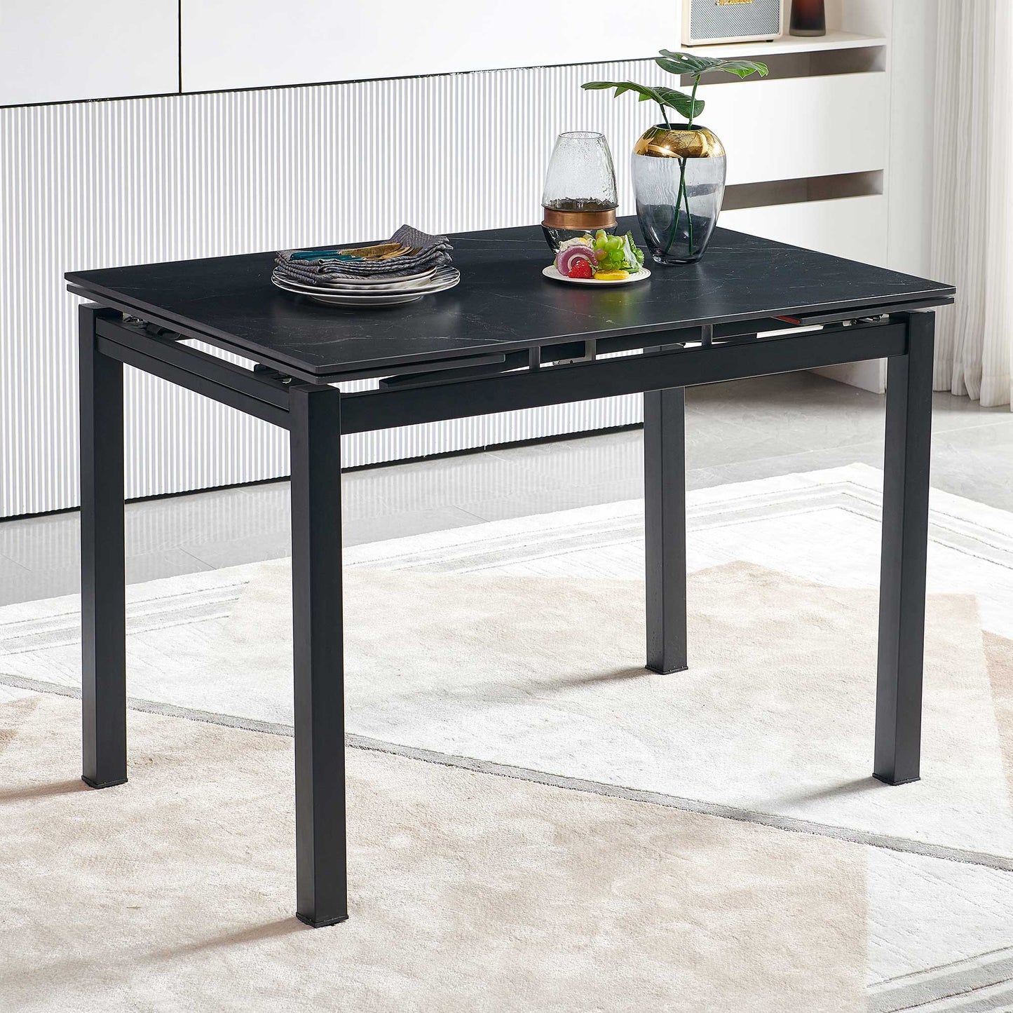Black Ceramic Expandable Dining Room Table for Small Spaces