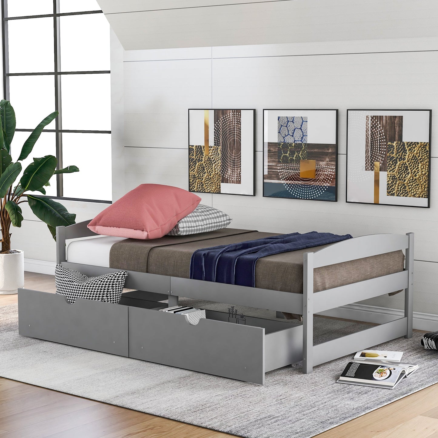 Twin size platform bed, with two drawers, gray - Korvel