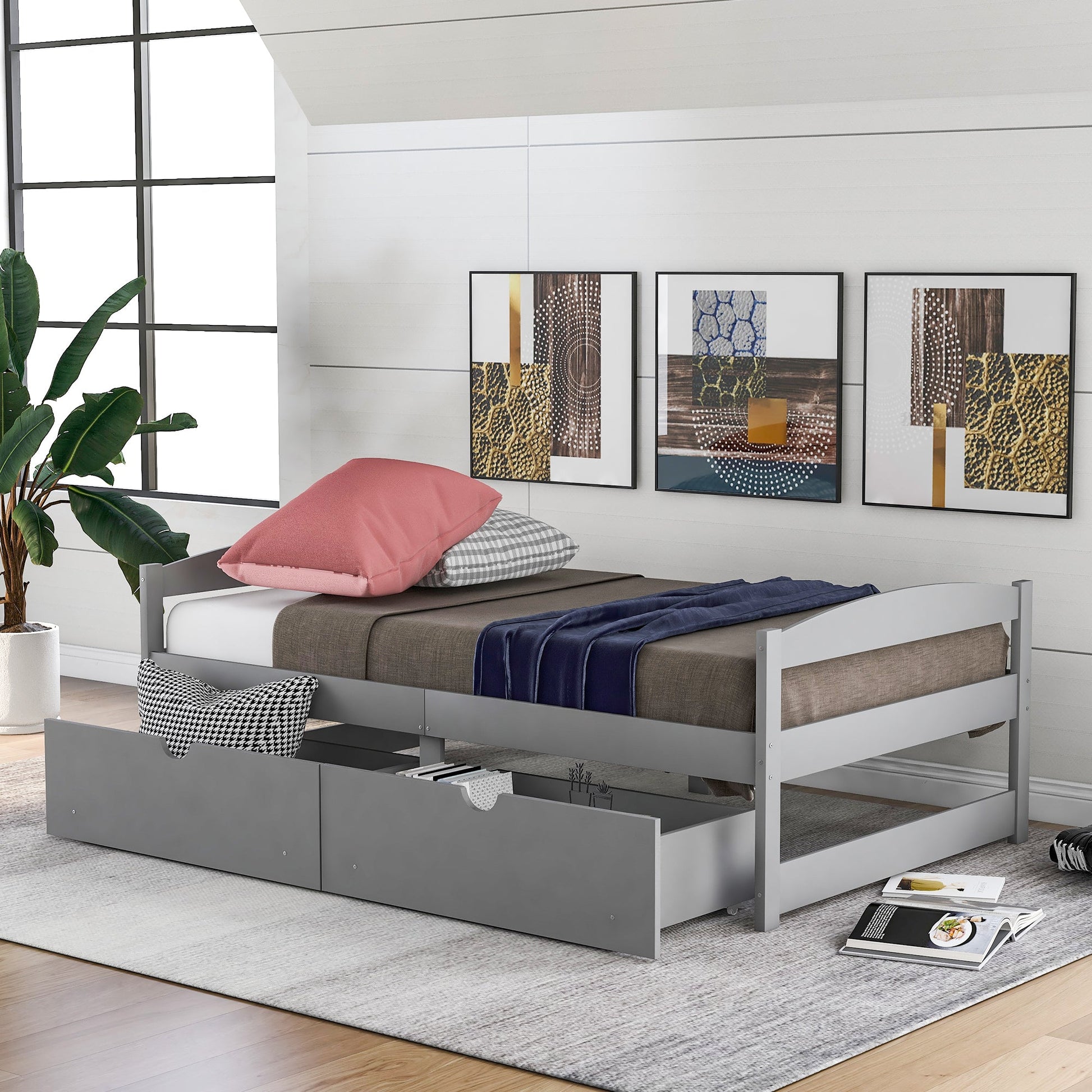 Twin size platform bed, with two drawers, gray - Korvel