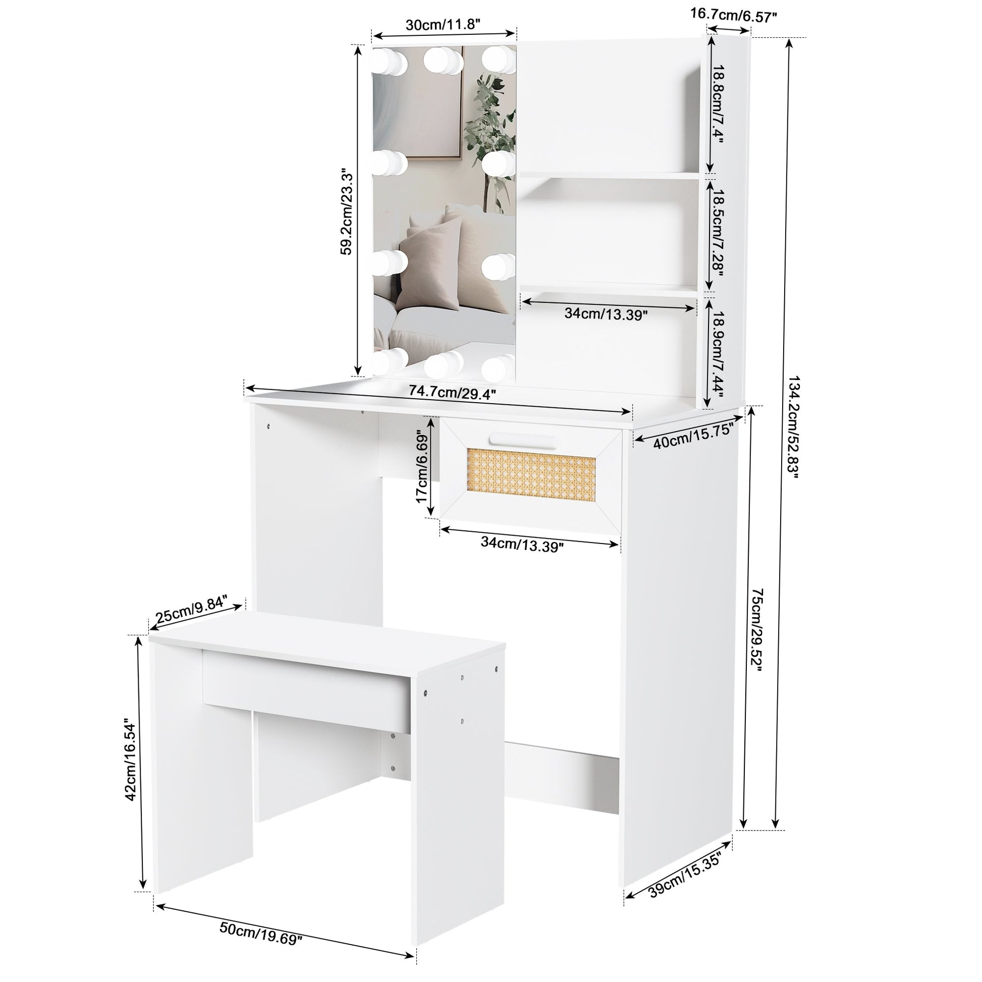 Vanity Desk Set Stool & Dressing Table with LED Lighting Mirror Drawer and Wood Cosmetic Table Chest of Drawers White Color - Korvel