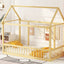 Twin Size Floor Wooden Bed with House Roof Frame and Safety Guardrails,Natural - Korvel
