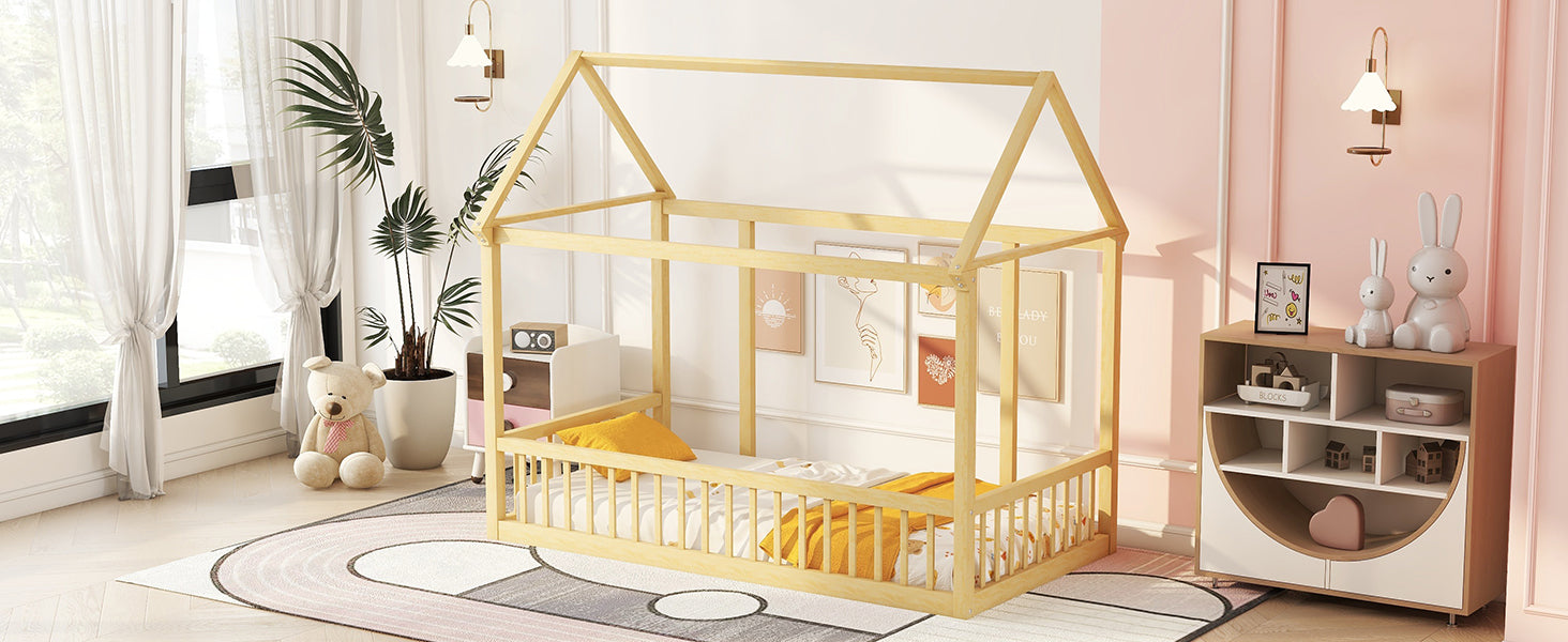 Twin Size Floor Wooden Bed with House Roof Frame and Safety Guardrails,Natural - Korvel