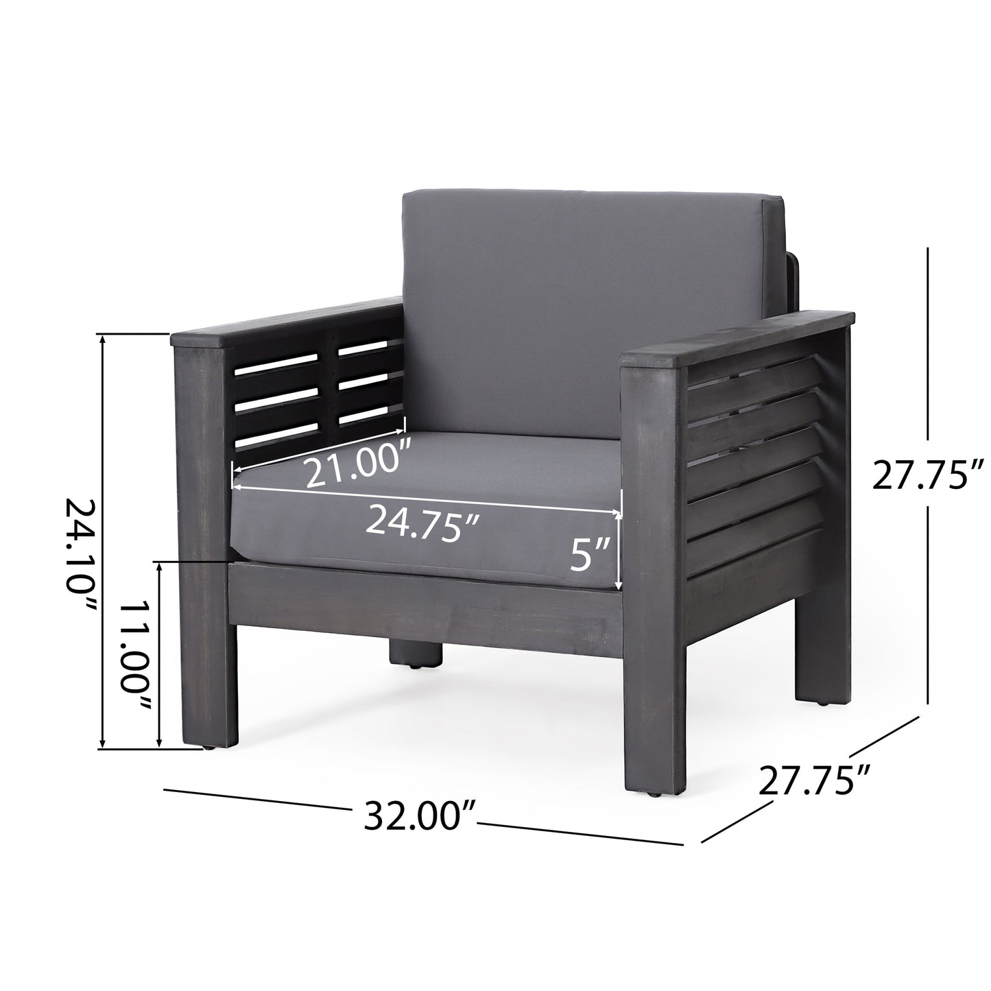 Outdoor Acacia Wood Club Chairs with Cushions, Dark Gray, 27.75"D x 32"W x 27.75"H - Korvel