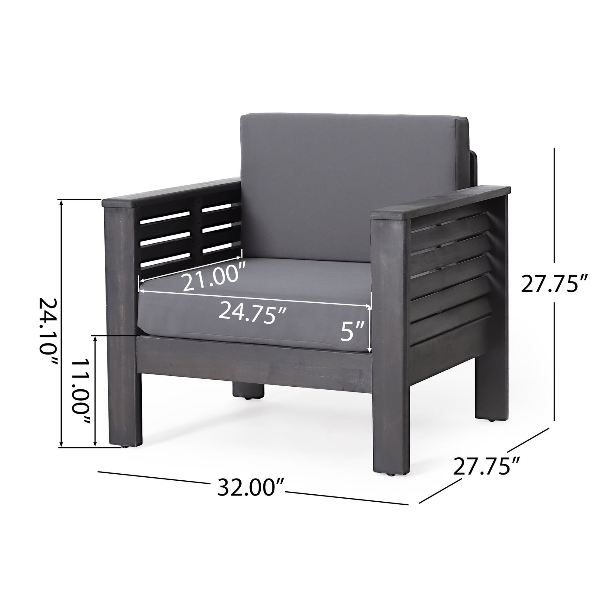 Outdoor Acacia Wood Club Chairs with Cushions, Dark Gray, 27.75"D x 32"W x 27.75"H - Korvel