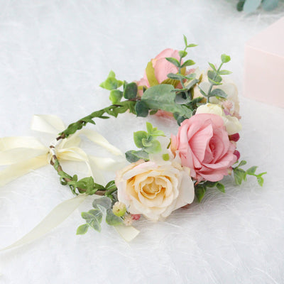 Spring and summer flower garland headwear simulation rose crown water grass headband bride travel photography hair accessories - Korvel
