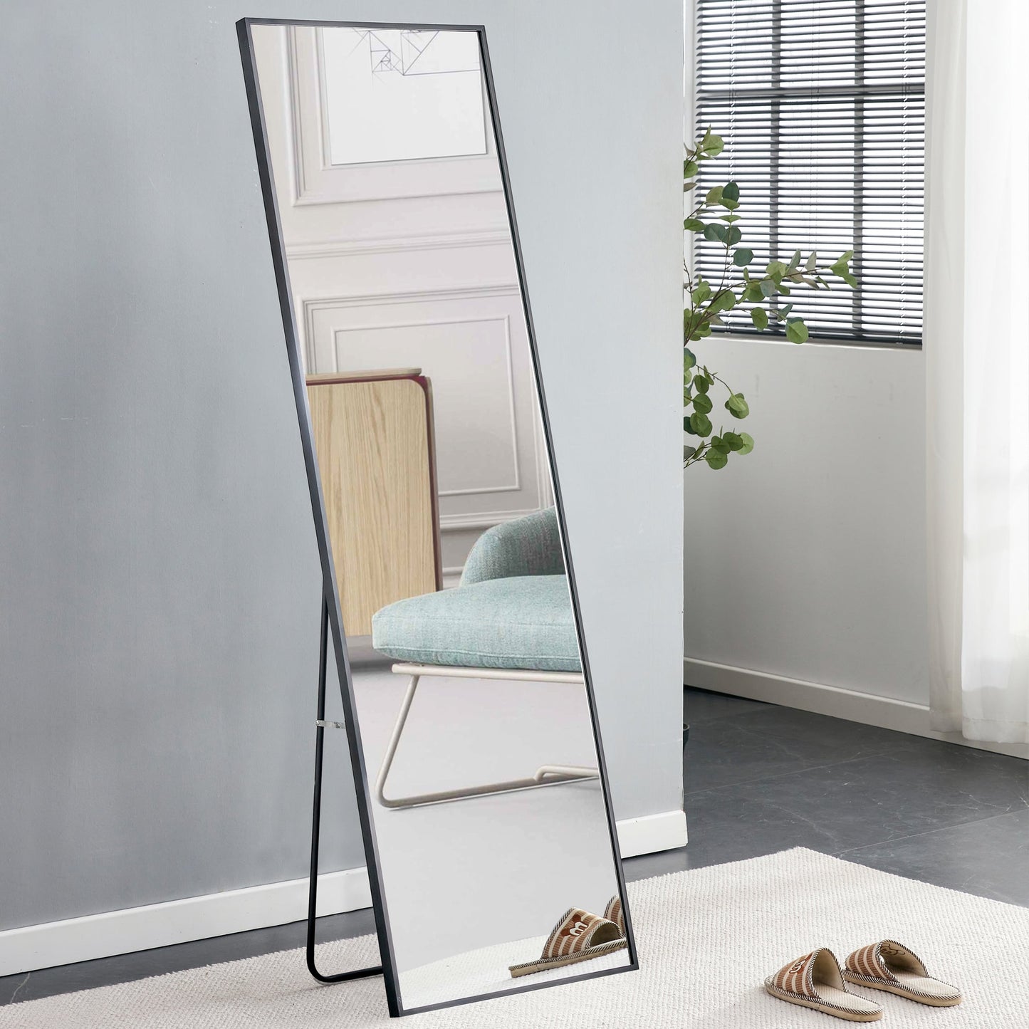 Aluminum alloy metal frame wall mounted full-length mirror black 65 * 23“ - Korvel