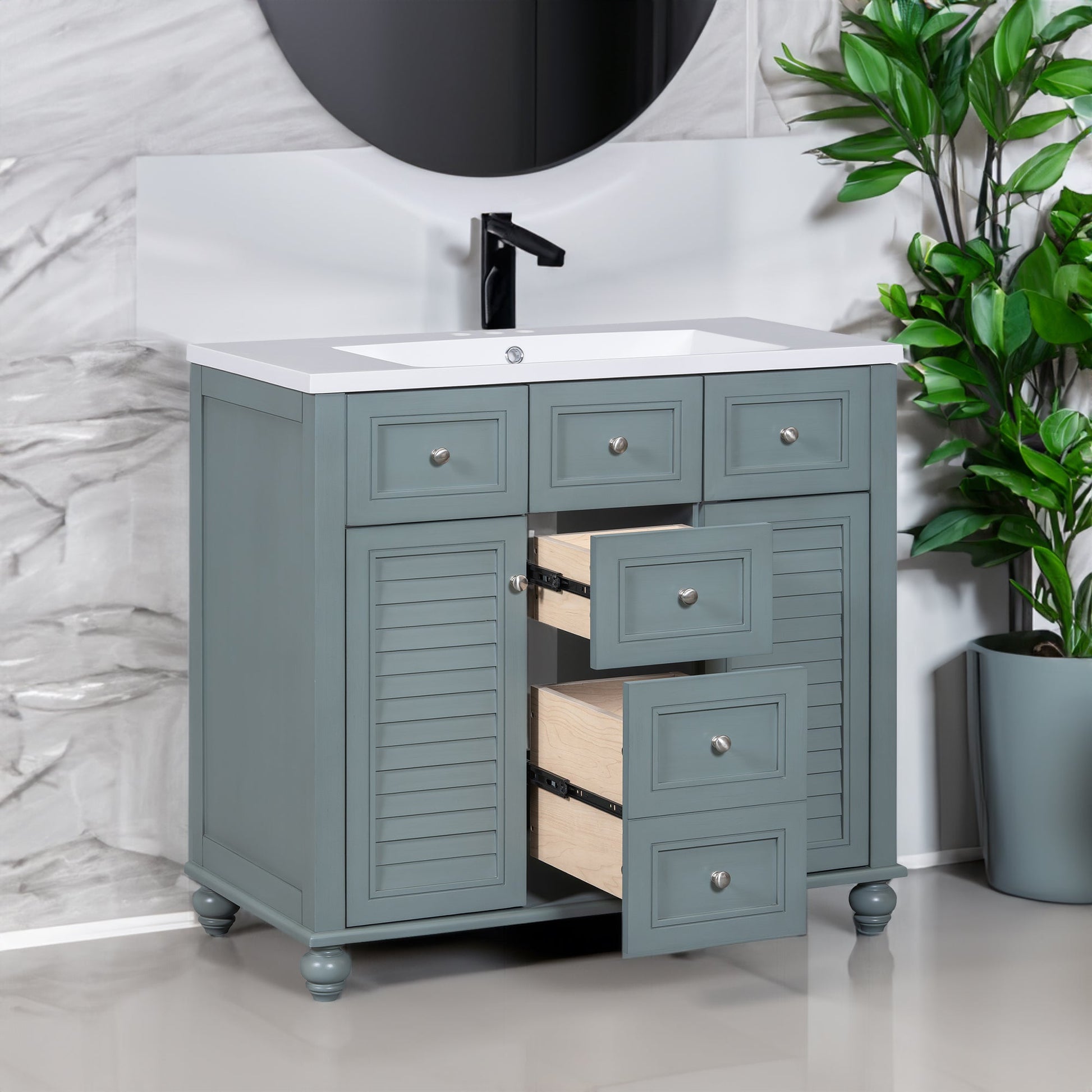 36 inch modern mirror cabinet with adjustable shelves, 2 soft closing doors, and 6 drawer storage cabinet door organizers - Korvel