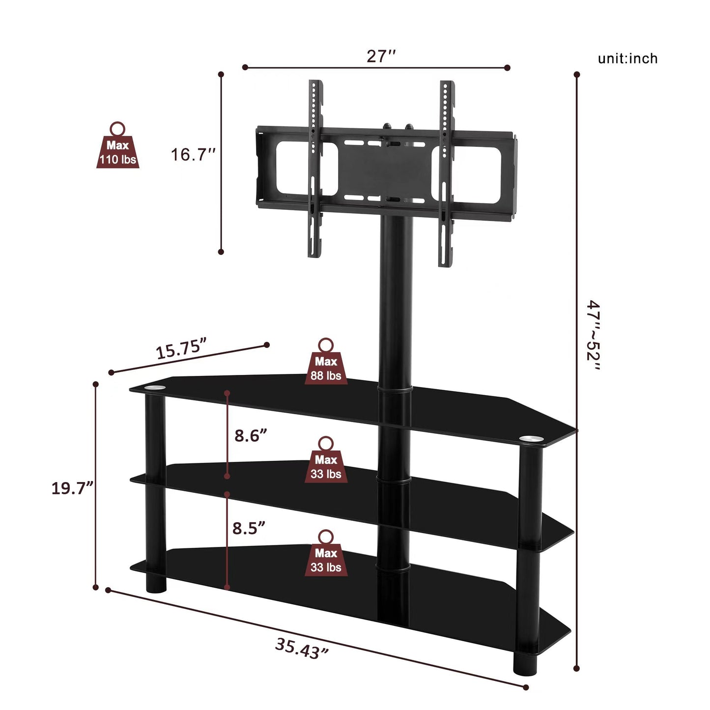35.4 inch Black Multi-function TV Stand Height Adjustable Bracket Swivel 3-Tier - Korvel
